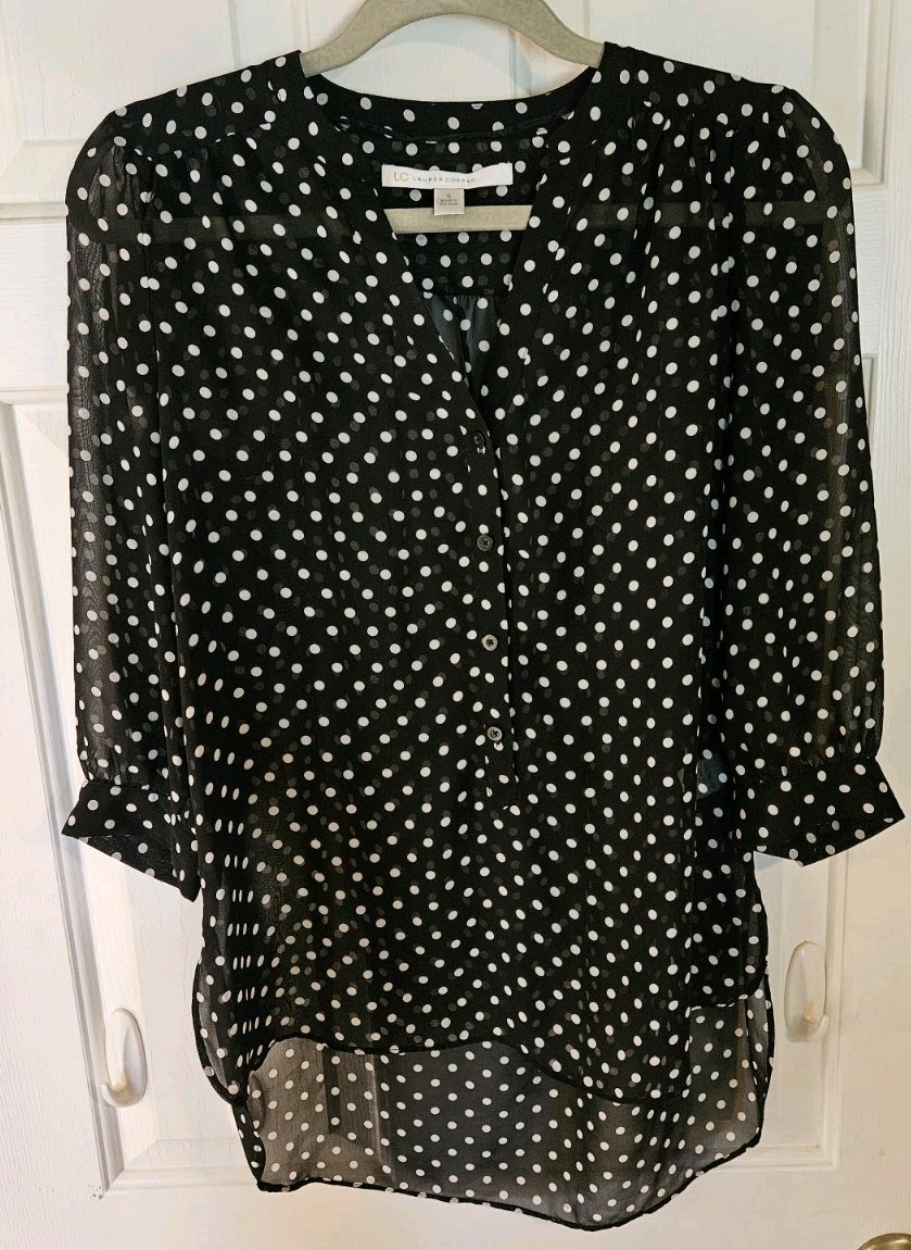 LC Lauren Conrad Black/White Polka Dot V-Neck Sheer Chiffon Button Blouse S
