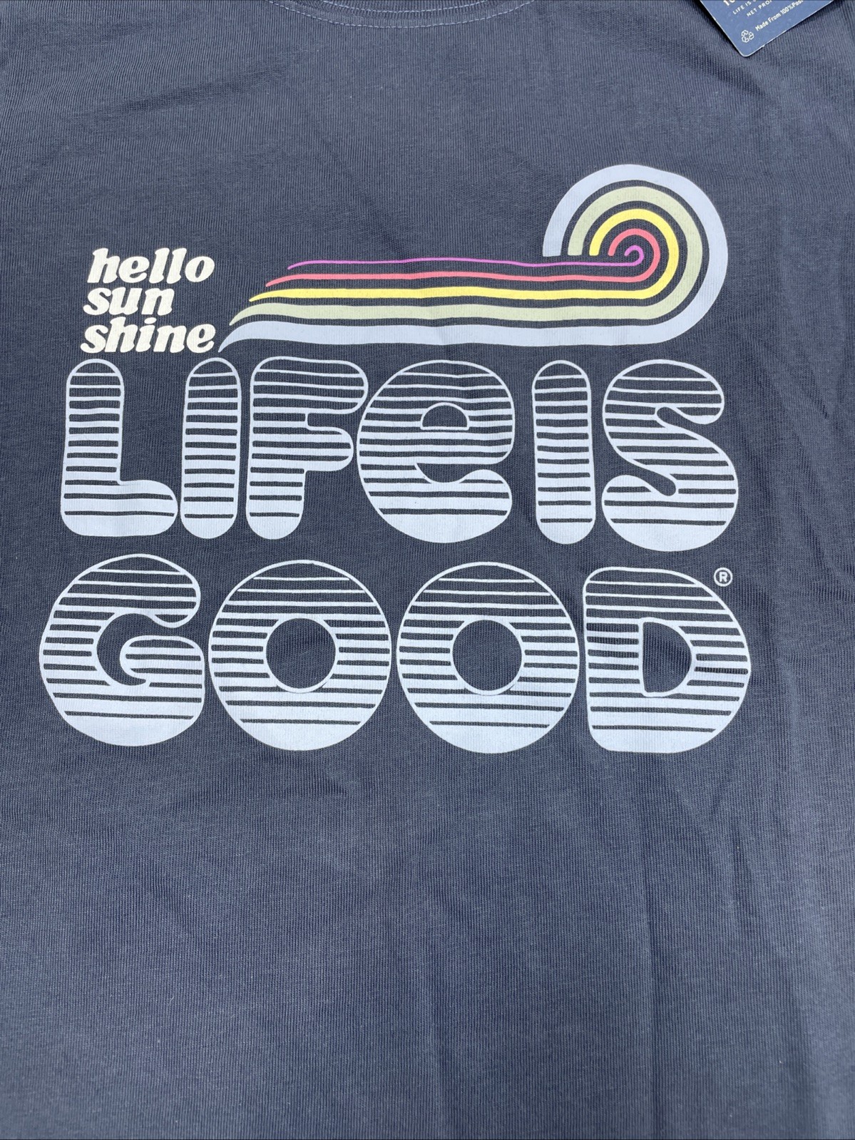 NWT Life Is Good Groovy Hello Sunshine Womens T Shirt Medium Graphic Blue Cotton