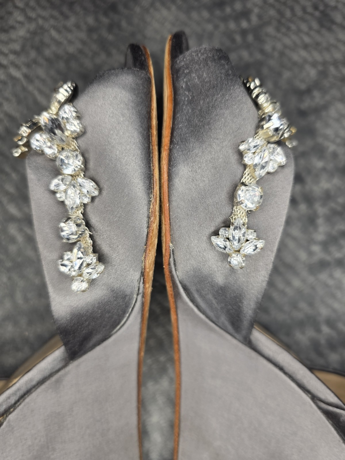 David Tutera Women’s Gray Satin Open Toe Wedge Heels with Rhinestone Accents