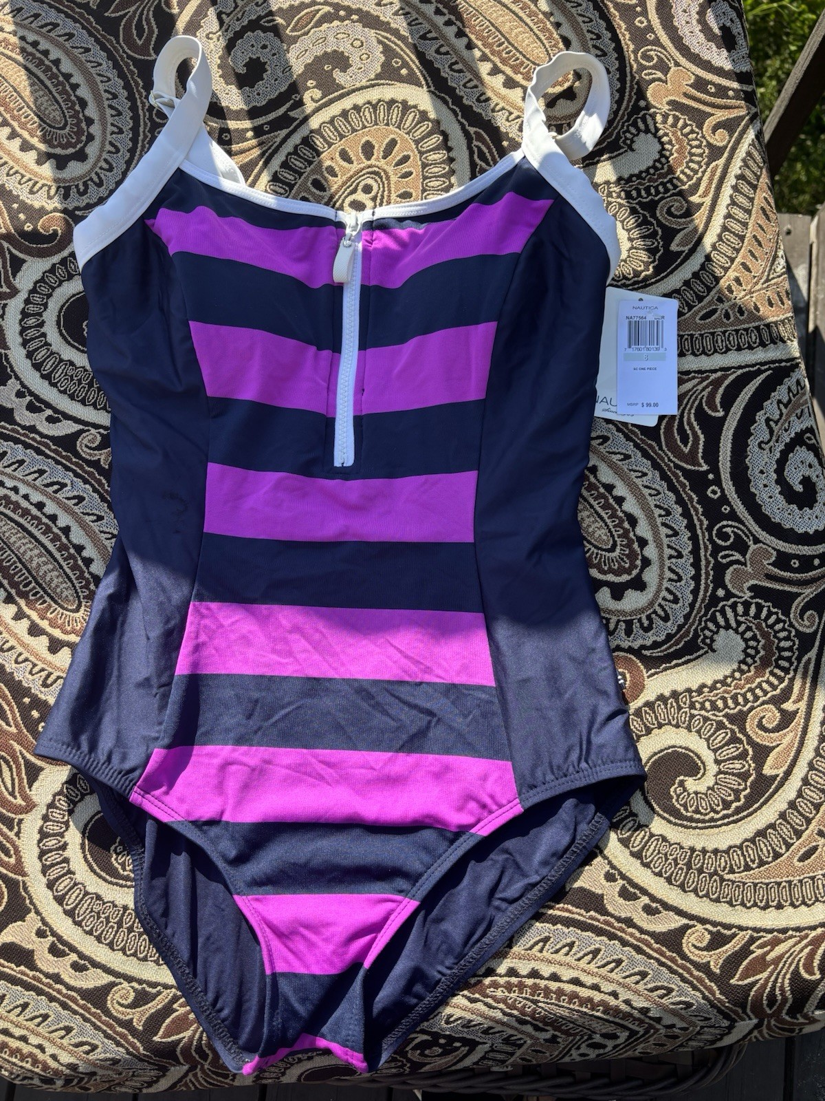 Nautica Women’s Navy/Purple/White Striped Zip Front One-Piece Swimsuit 8