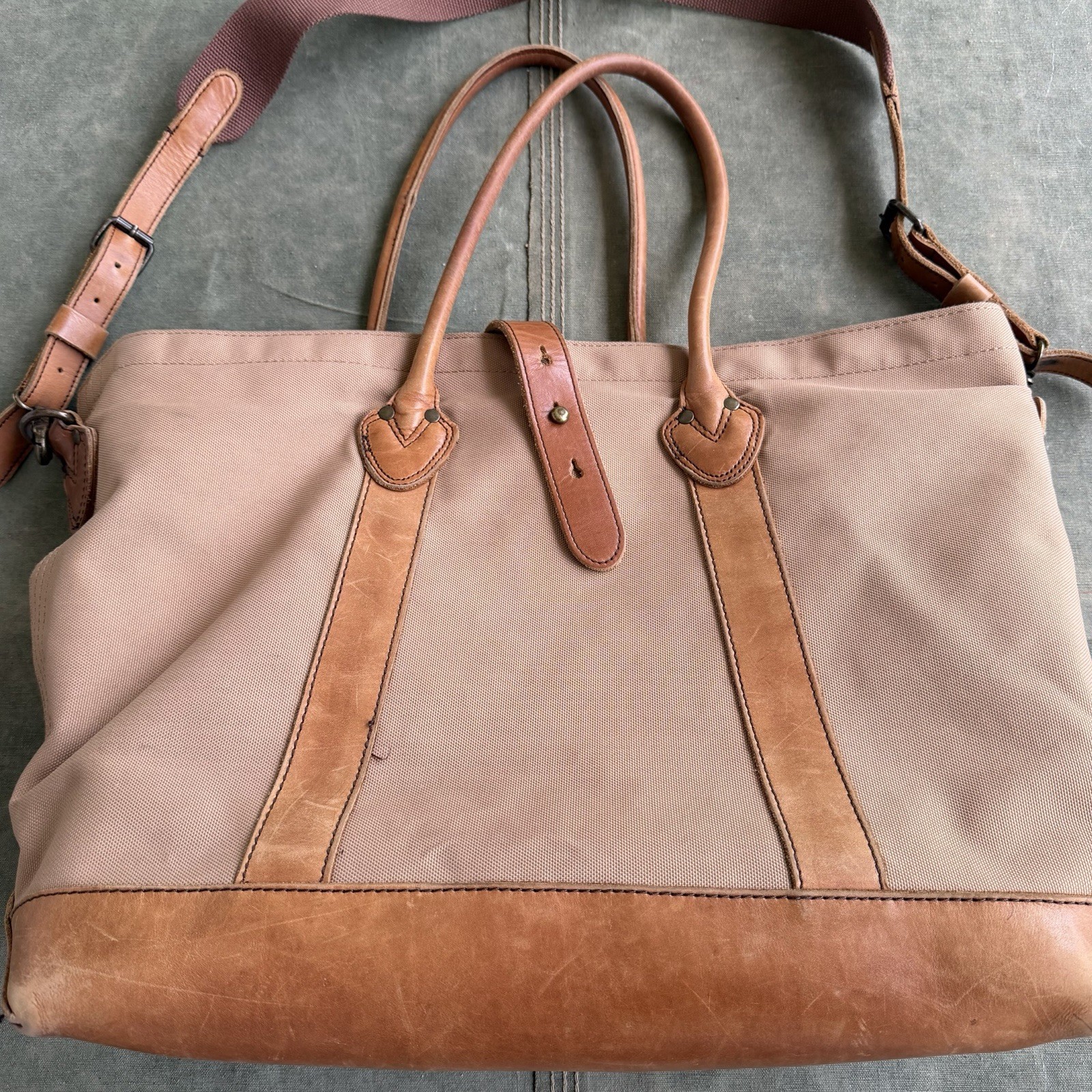 LL Bean Signature Boat And Tote Canvas Leather Strap Shoulder Duffle Boston Bag
