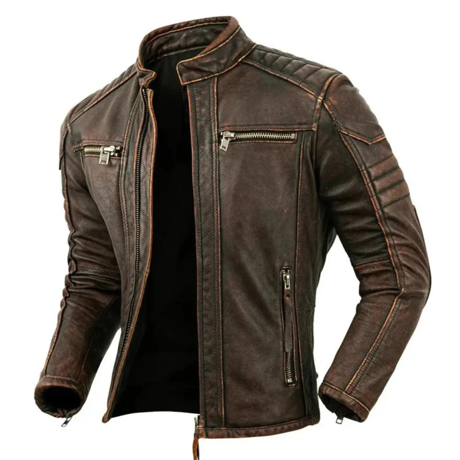 Men’s Distressed Brown & Black Leather Biker Jacket | Motorcycle Jacket for Men