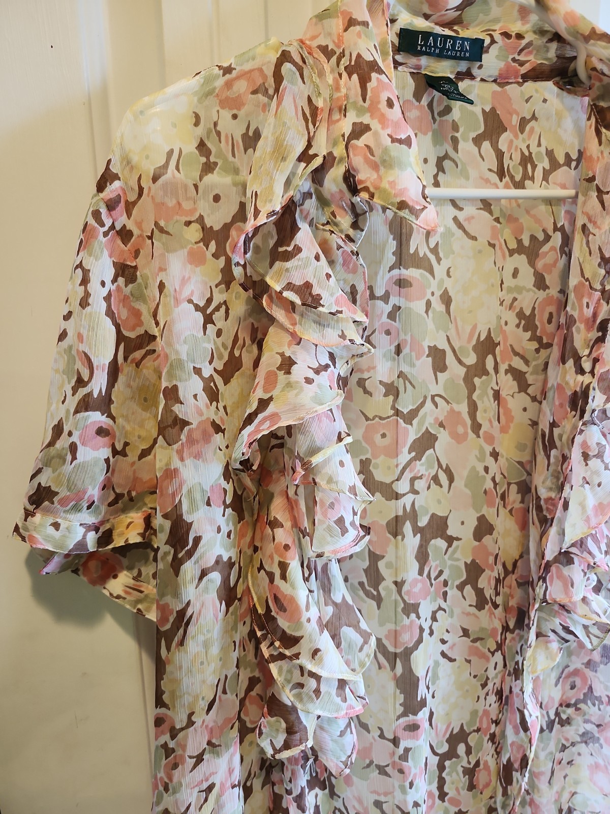 Ralph Lauren Semi Sheer Ruffle Front Blouse Top Sz XL Ivory Pink Blue Floral Pat