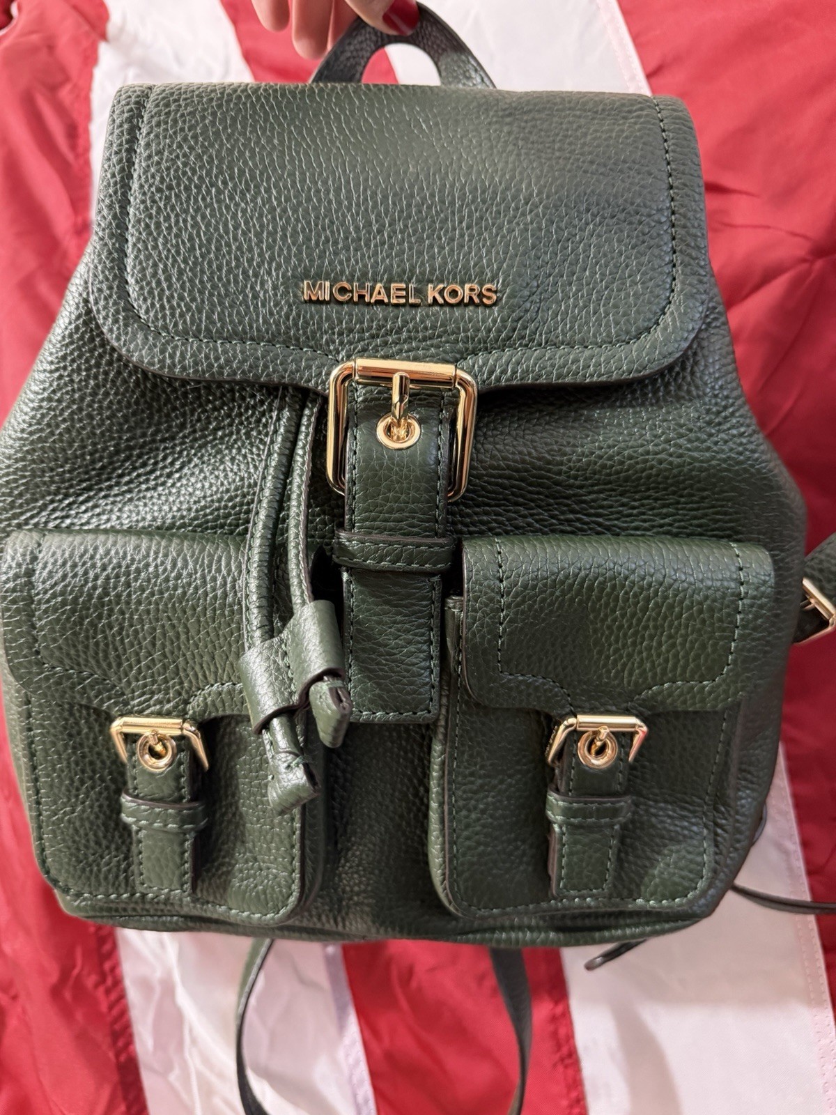 Michael Kors Green Pebbled Small Backpack Gold Hardware Buckle Drawstring Strap