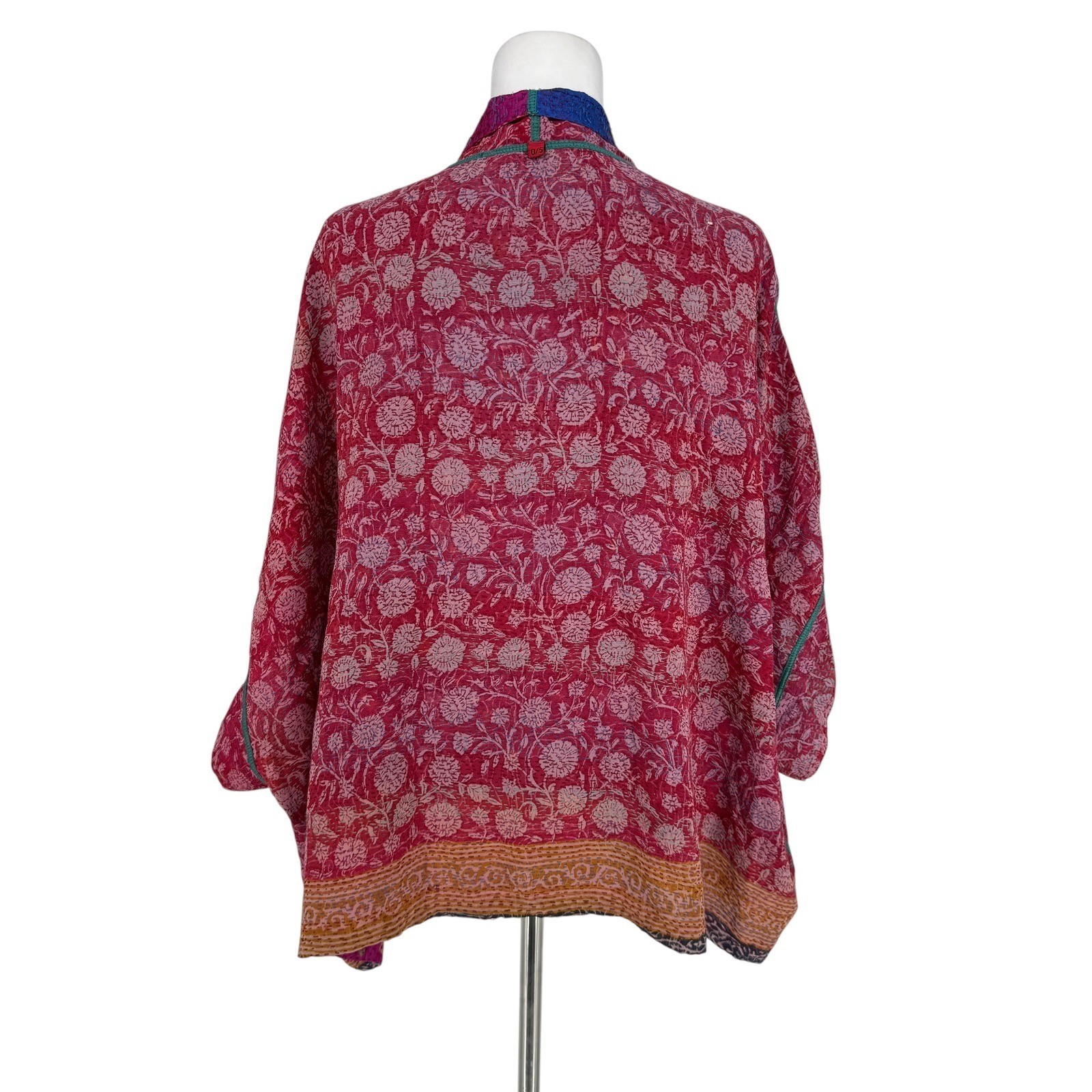 Mieko Mintz Reversible 100% Silk Kantha Jacket Red Blue Floral Bandhani OS India