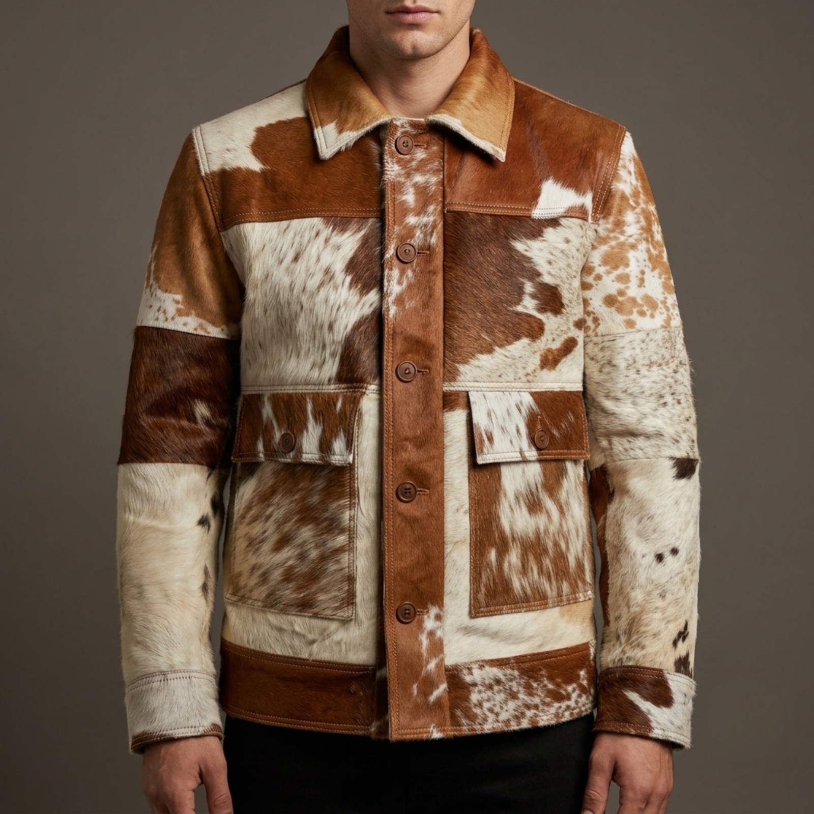 Men’s Tan White Cowhide Leather Jacket Hair On Hide Western Bomber Pony Coat