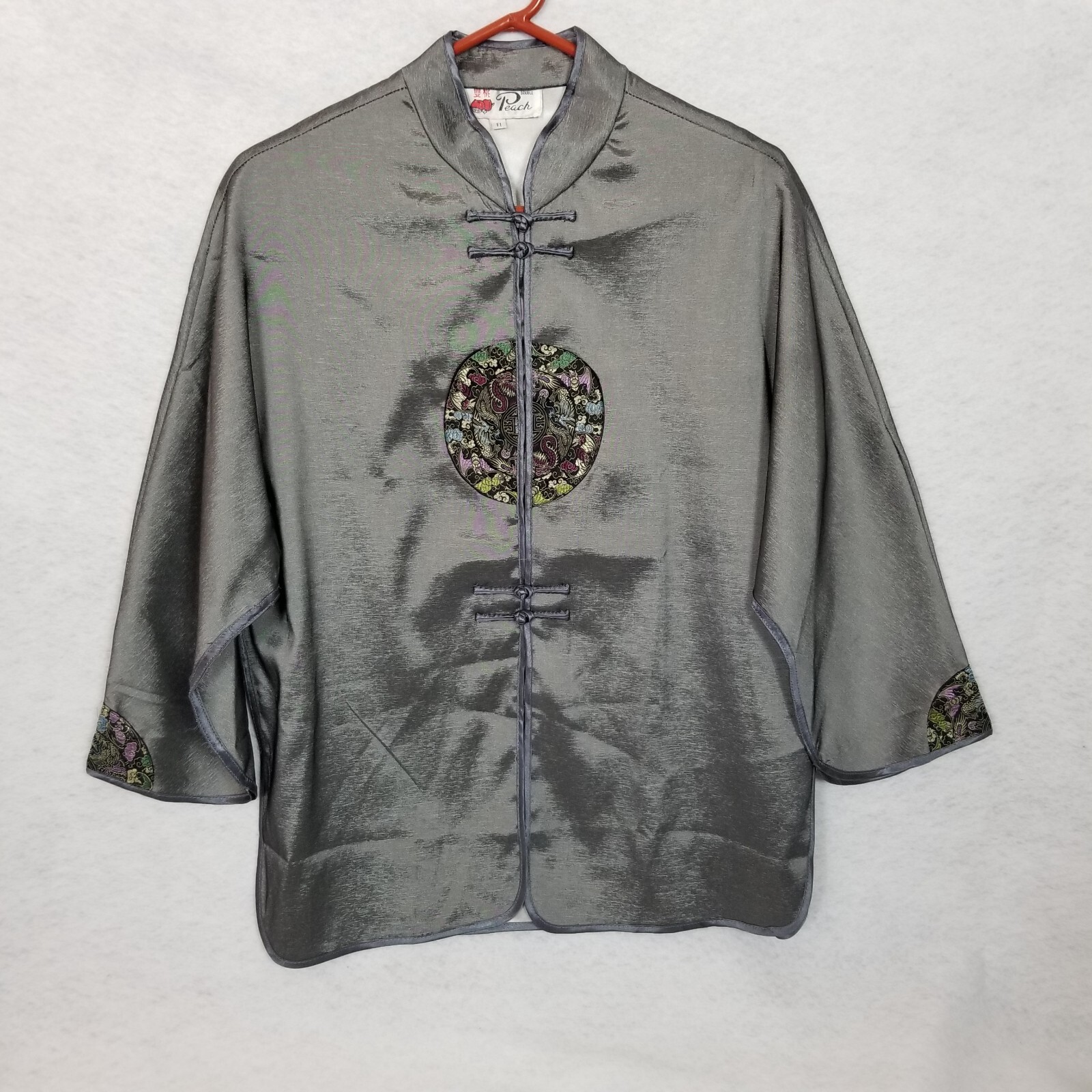 DOUBLE PEACH Women’s Asian Style Satin Embroidered Shirt Jacket Gray Size?