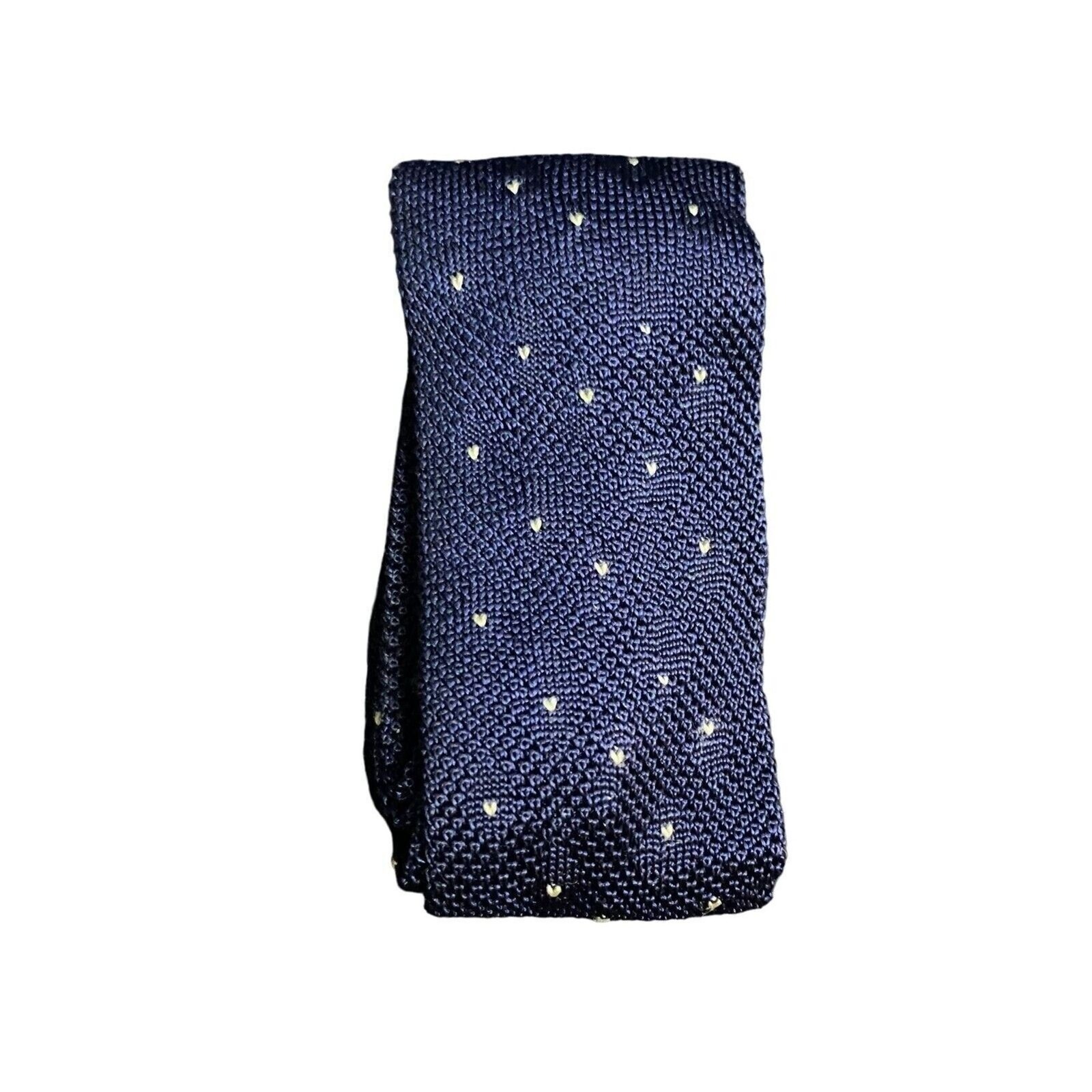 #6878 Handmade Knit Navy Blue Tiny White Hearts Mens Necktie, Tie 2.25 in wide