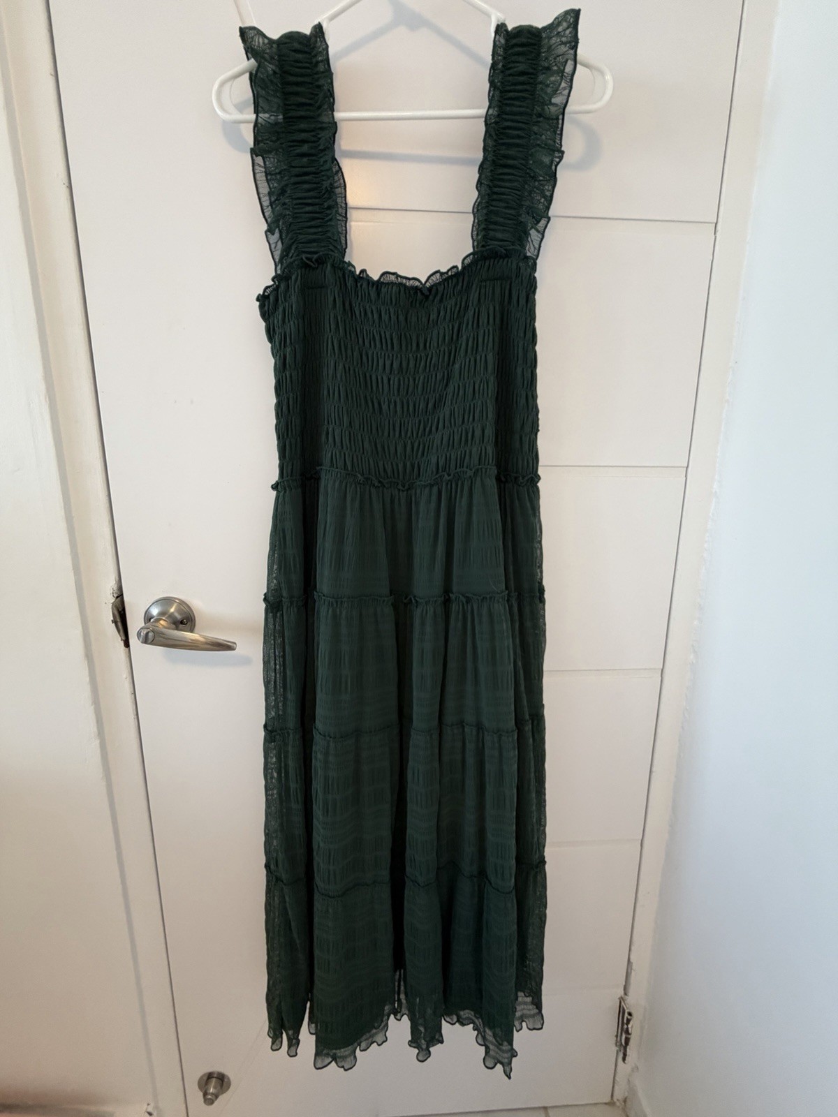 Max Studio Women’s Textured Mesh Cottagecore ruffle maxi BOHO Green Tiered lined