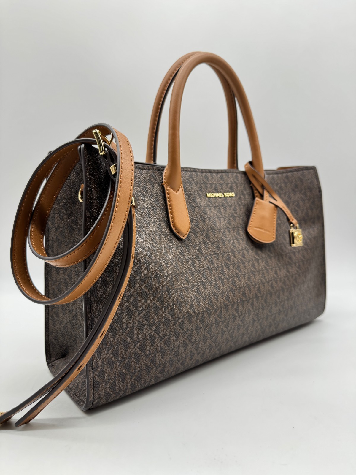 MICHAEL KORS Scarlett East West logo coated canvas satchel crossbody bag -Acorn