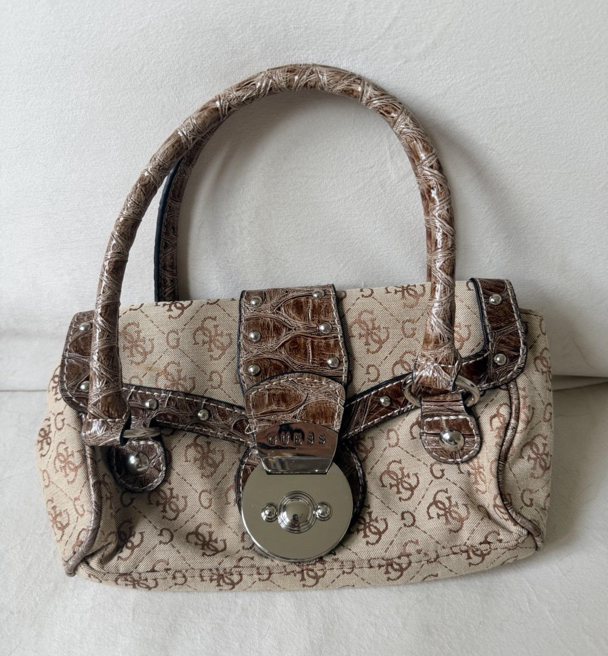 GUESS Monogram Satchel Top Handle Bag Beige/Brown Turn Lock Zip Silver Small