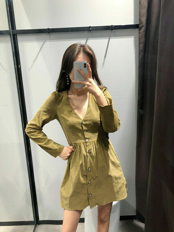 Zara Button Up Corduroy Mini Dress Green Fall Small New Retro Vintage Twee