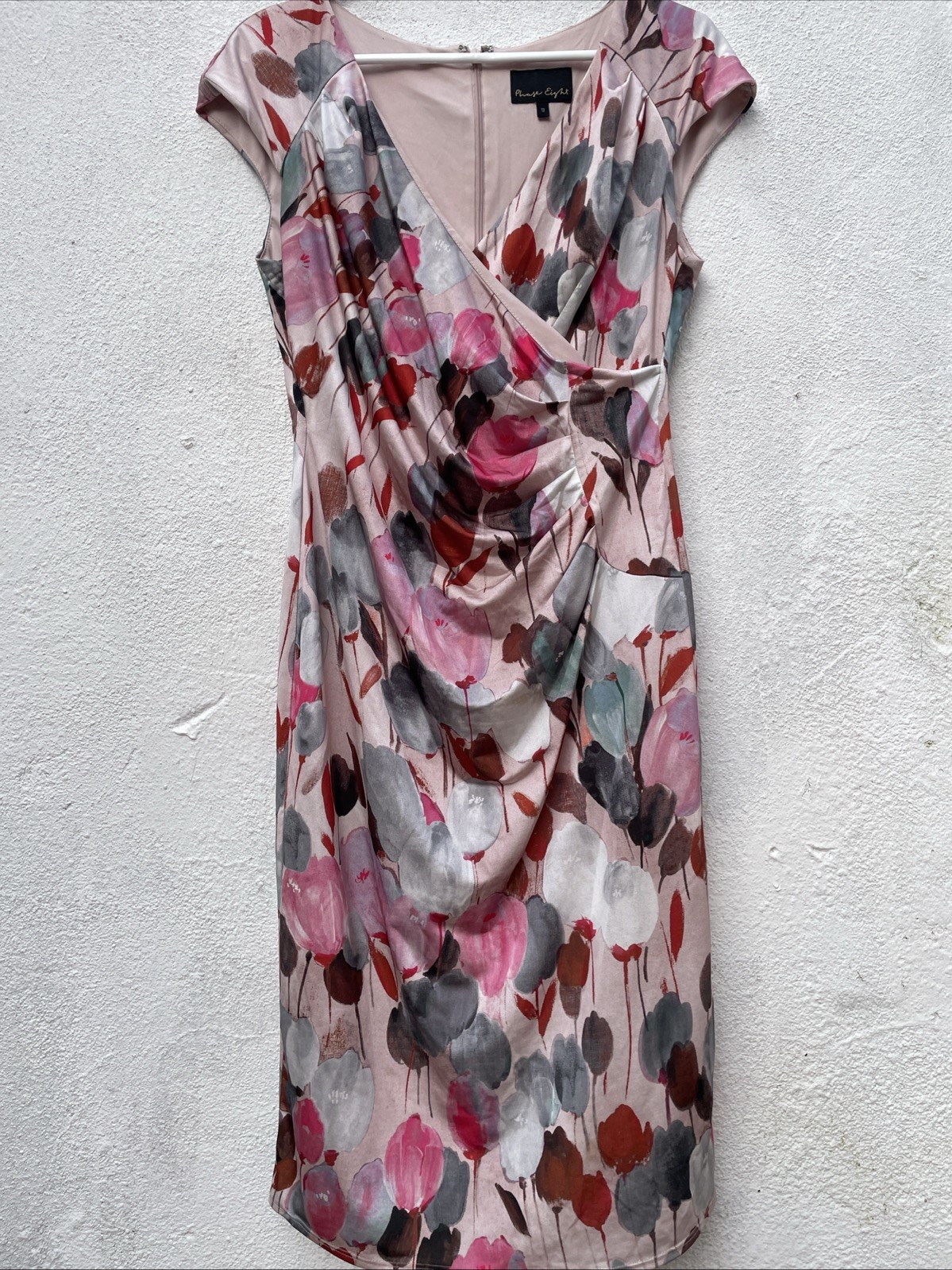 Phase 8 Pencil Dress Womens 12 38” Pink Floral Tulips Short Sleeve Wedding Party