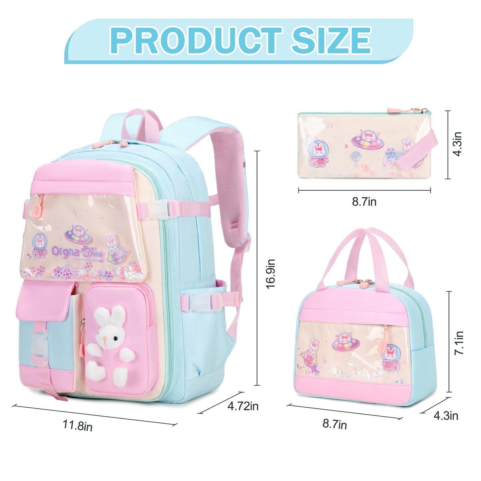 Girls Backpack Set 12.6×6.7×17.3in Kawaii Bunny School Bags – Ideal