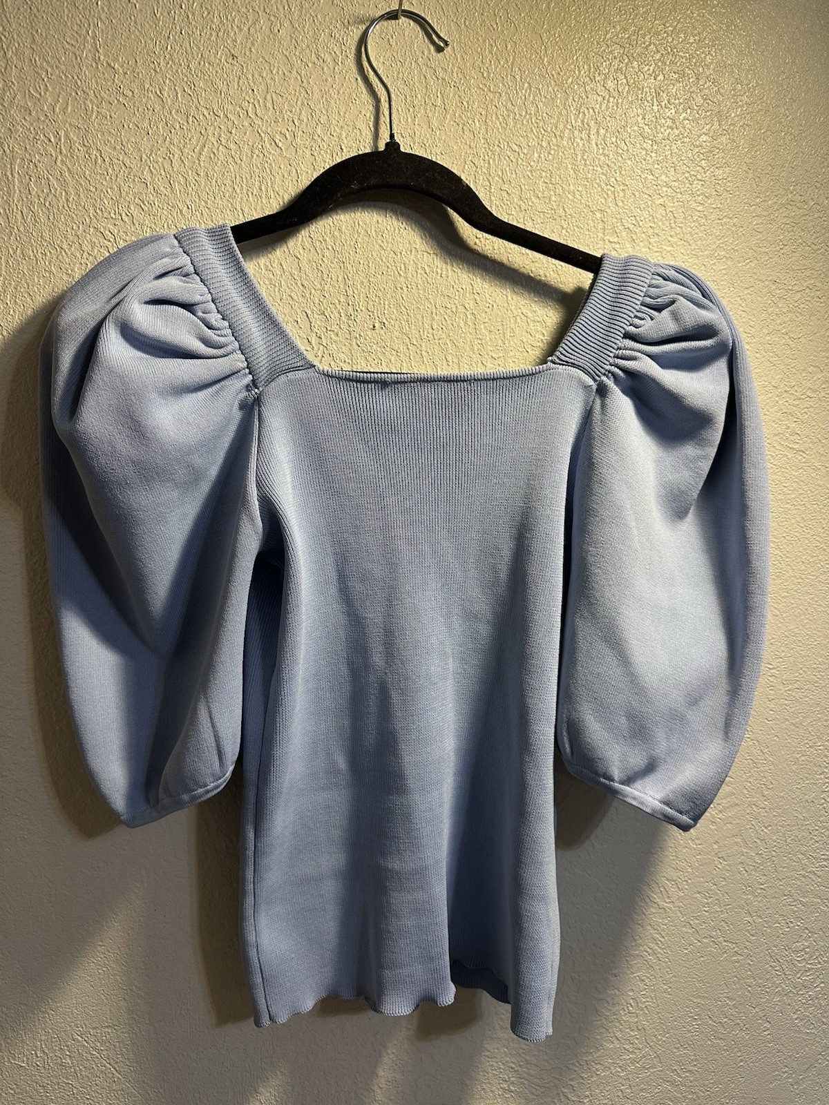Willow & Root Blue Knit Square Neck Short Puff Sleeve Blouse Top Size S