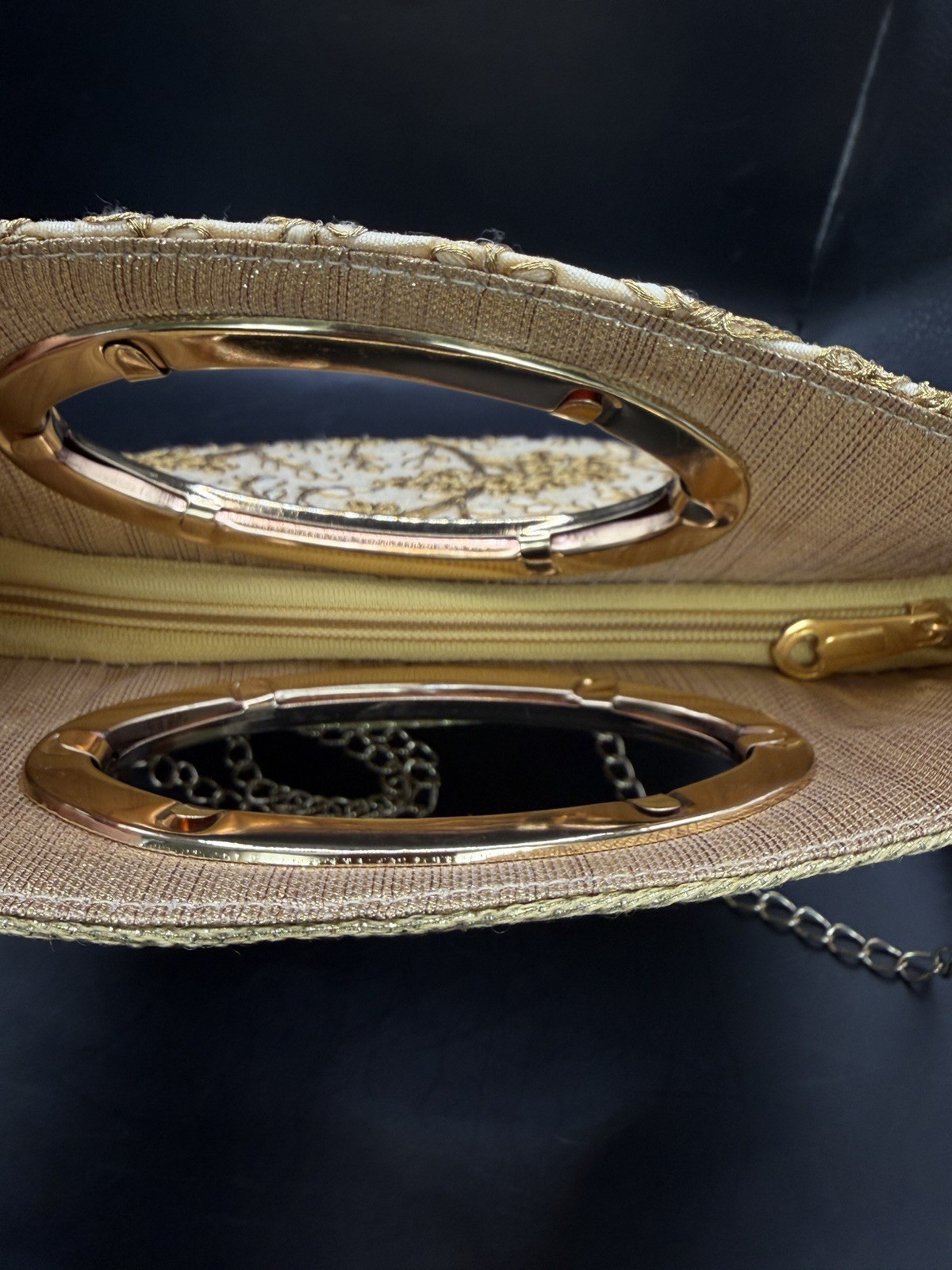 Gold Floral Embroidered Purse W/ Detachable Gold Chain Strap 2 Zipper Pockets