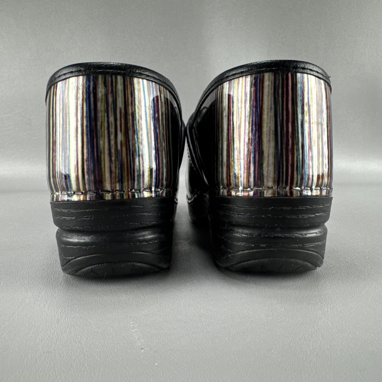Dansko Pro XP Grey Multi-Colored Striped Patent Leather Clogs Sz 38 US 7.5-8
