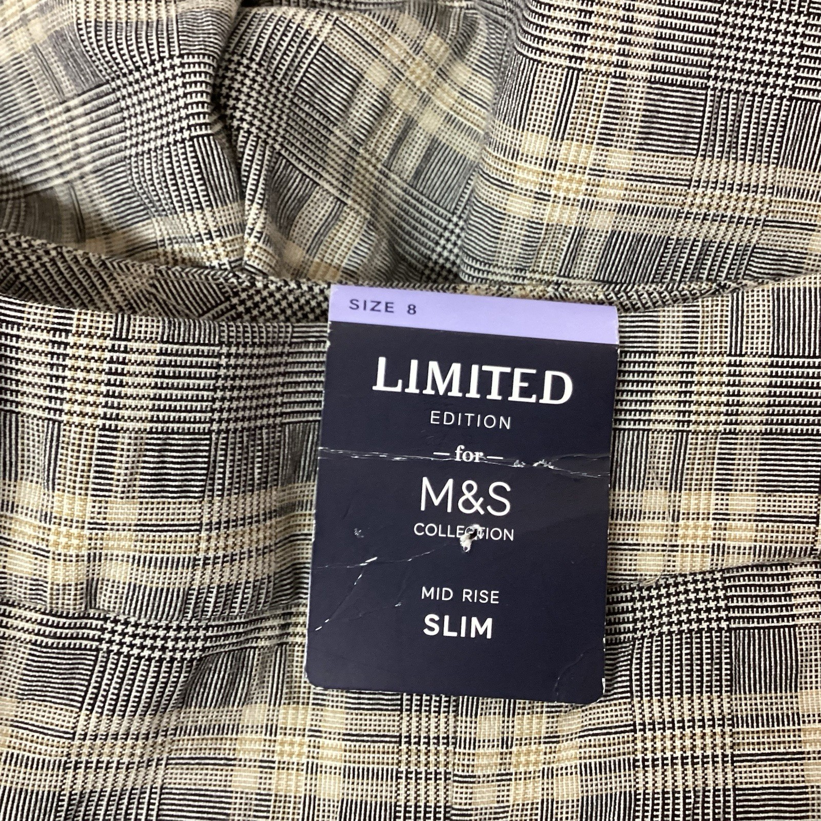 BNWT LADIES M&S SLIM ANKLE MID RISE GREY CHECK TROUSERS SIZE 8 (410D)