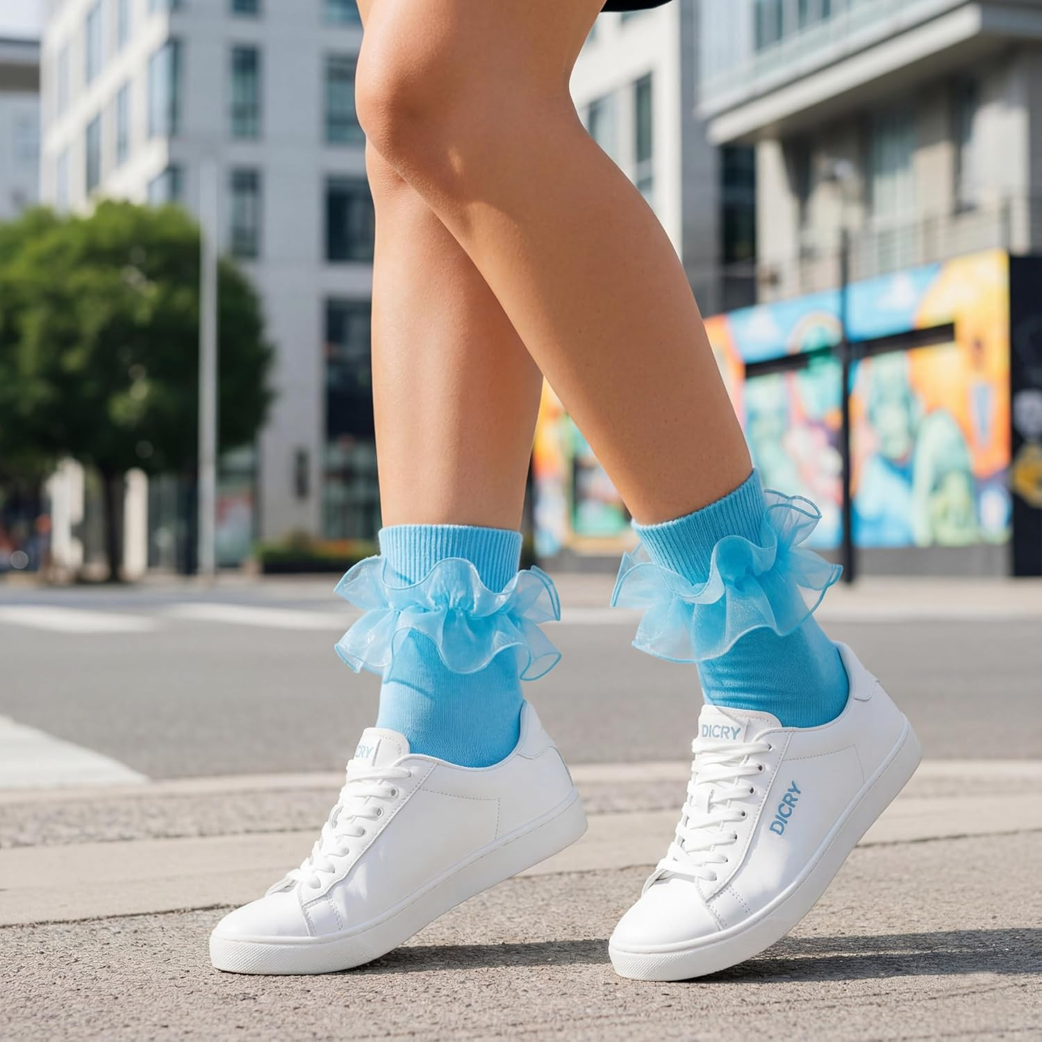 Socks for Women Big Ruffle Socks with Turn Cuff and Double Lace 9-11 Light Blue