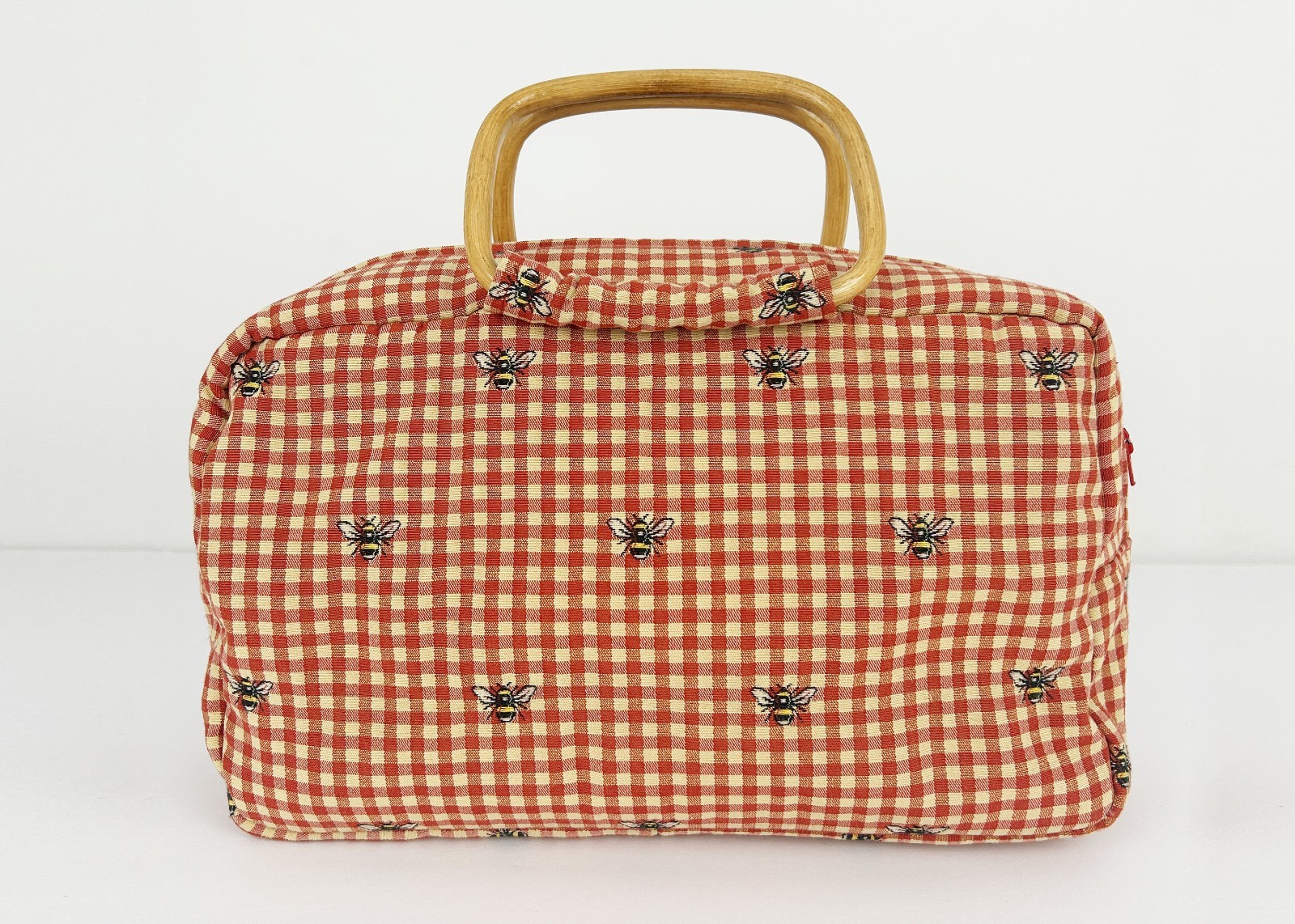 Bee Gingham Top Handle Handbag Bamboo Handle Coastal Preppy Handmade Purse
