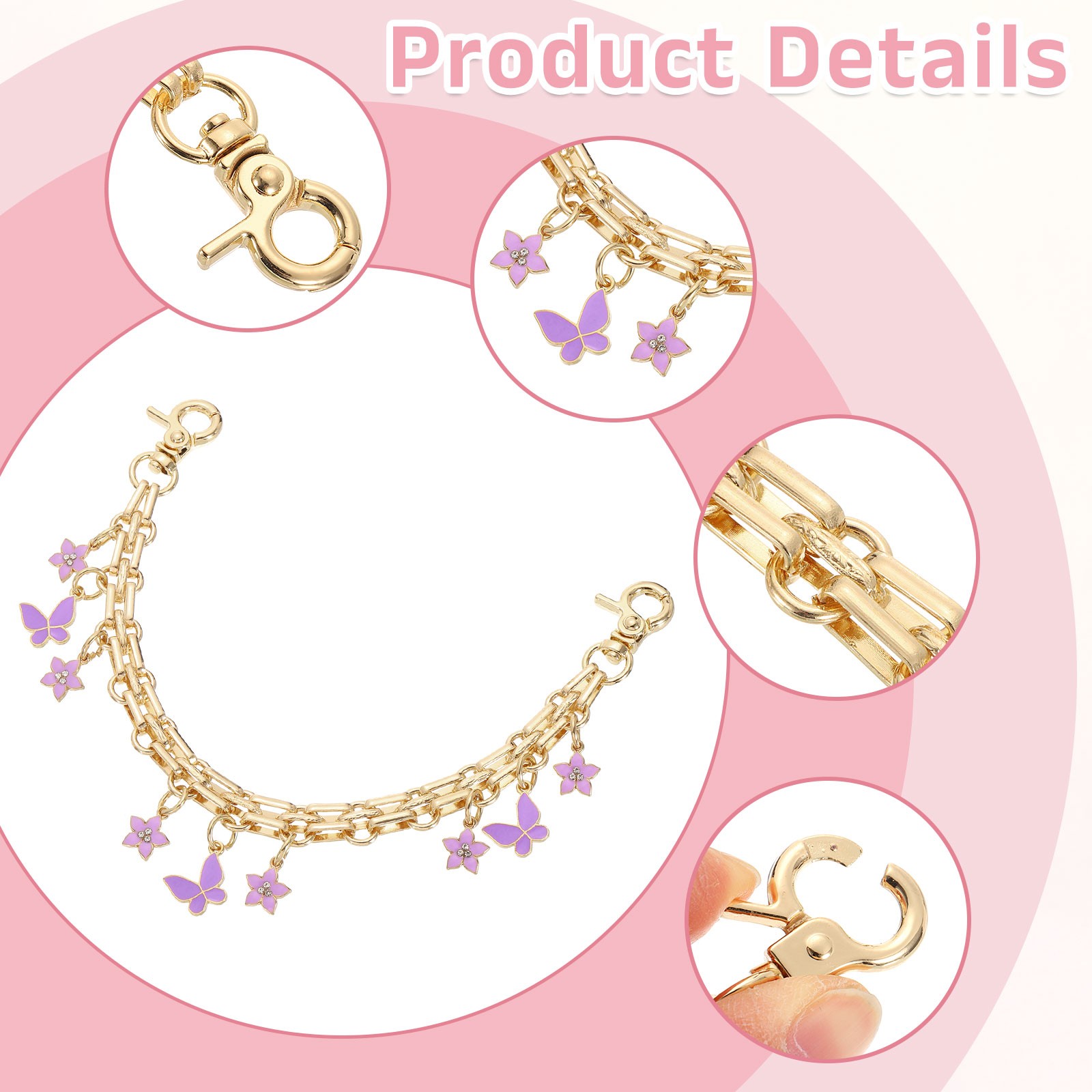 10″ Flowers Butterfly Pendant Handbag Chain Strap Purple
