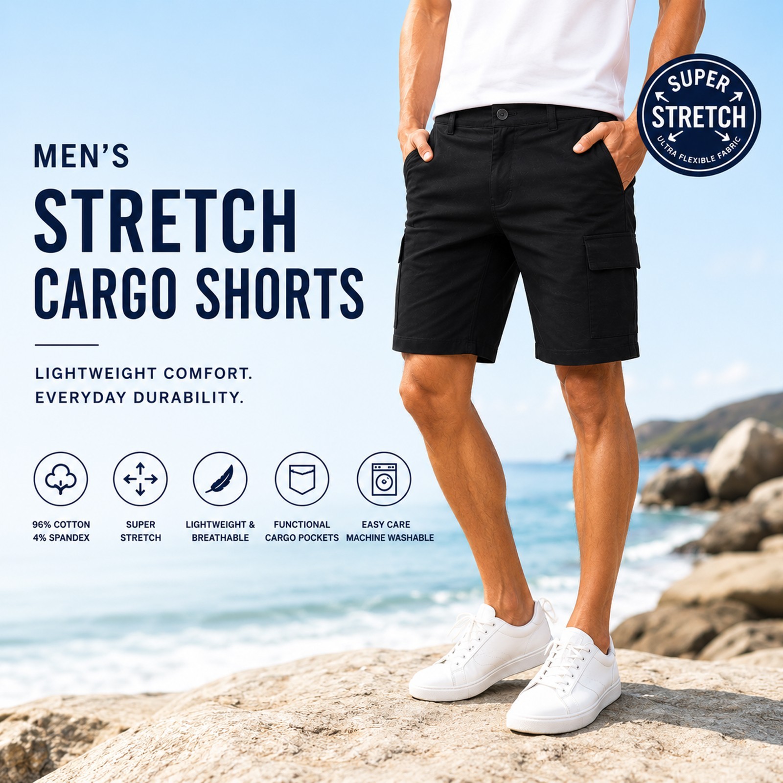 Men’s Stretch Cargo Utility Shorts with Button Closure and Zip Pockets (30-42)