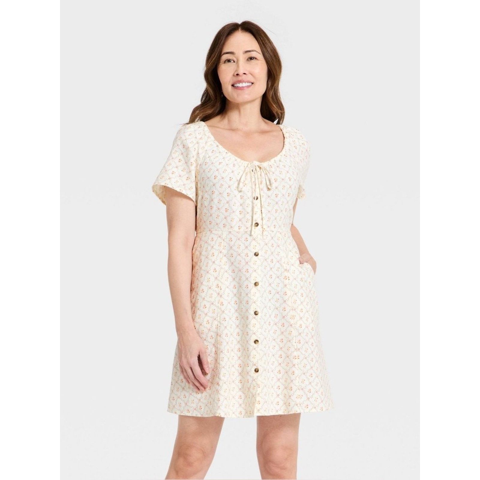 NWT Universal Thread Short Sleeve Button-Front Mini Sundress Cream Floral Sz M