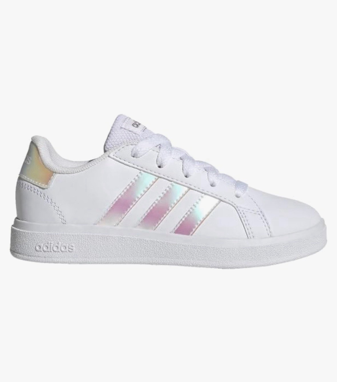 Size 7Y – Adidas Grand Court 2.0 Kids White Iridescent Reflective Logo Sneakers
