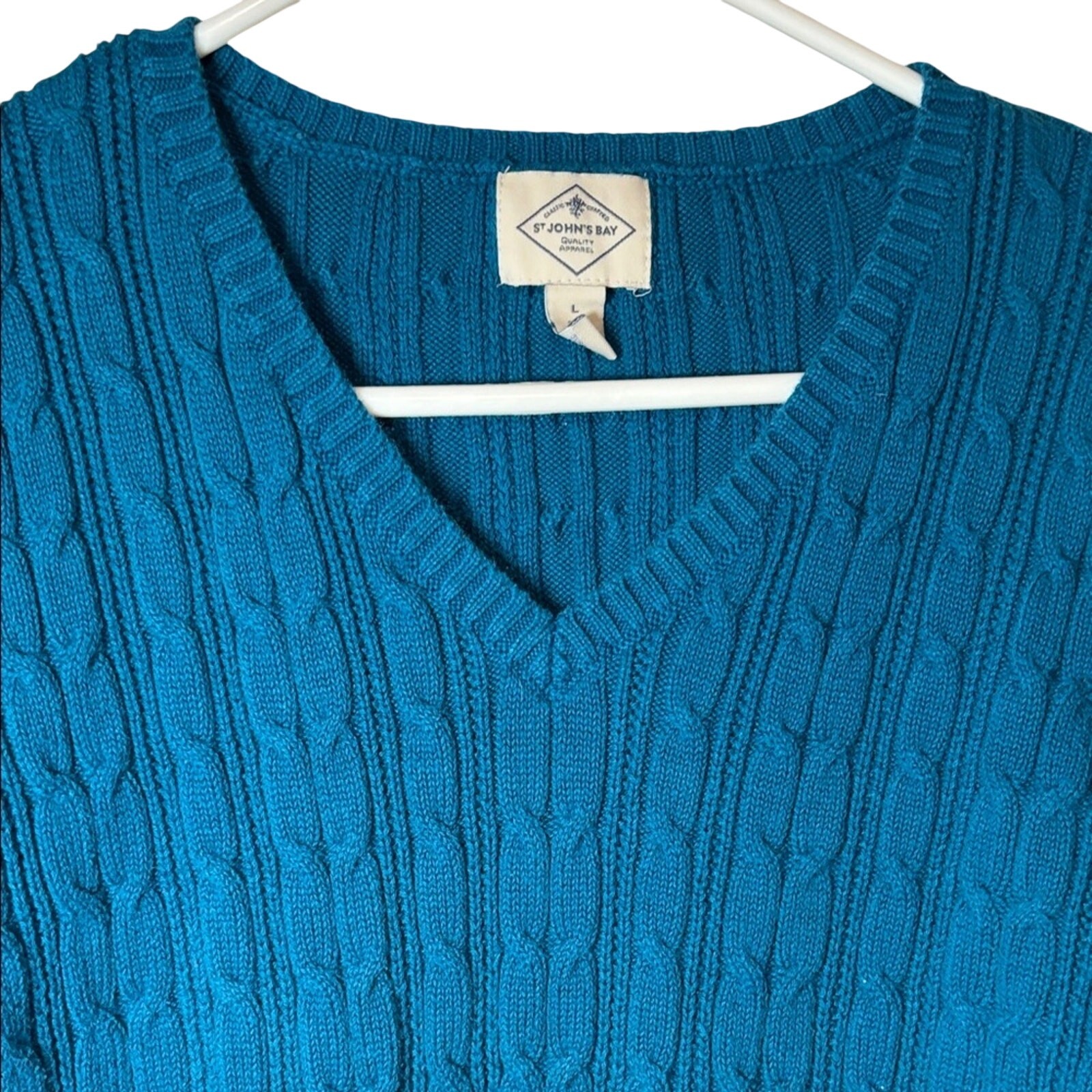 St. John’s Bay Cable Knit Sweater Women’s Large Teal V-Neck Cozy Classic