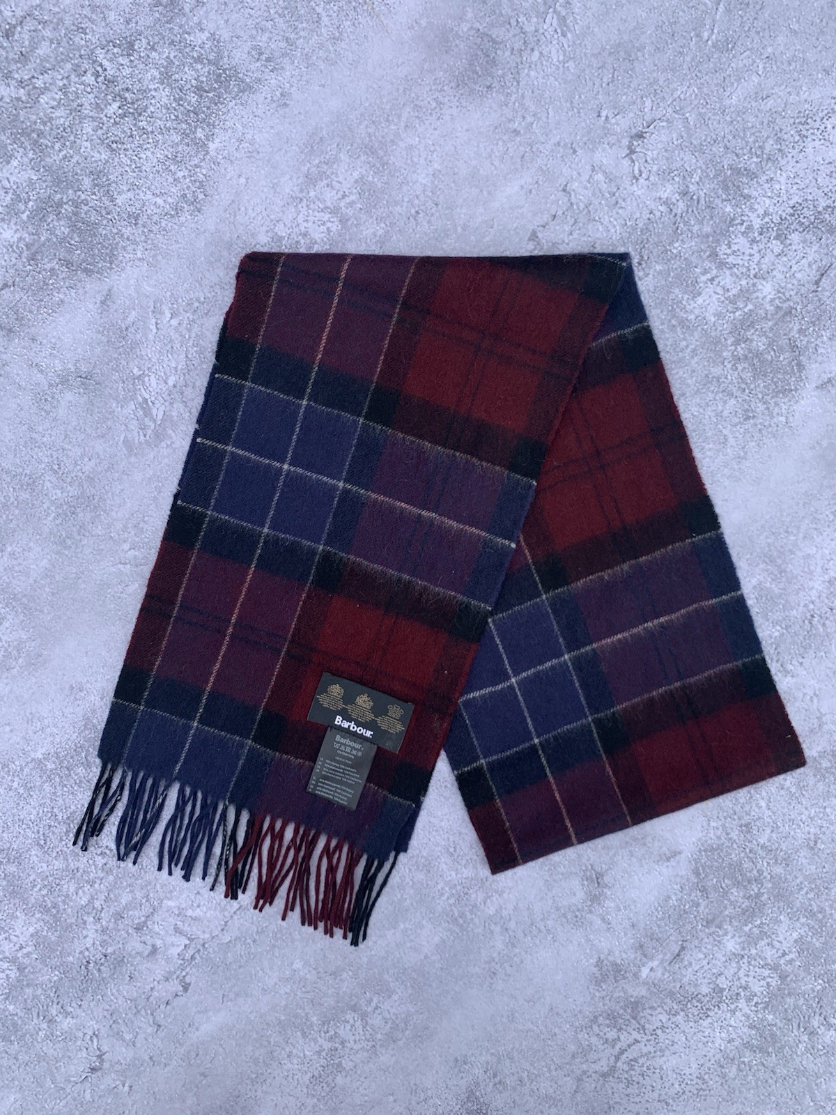 Barbour Tartan Scarf 90% Merino Wool Plaid Fringe Burgundy Navy Unisex OS