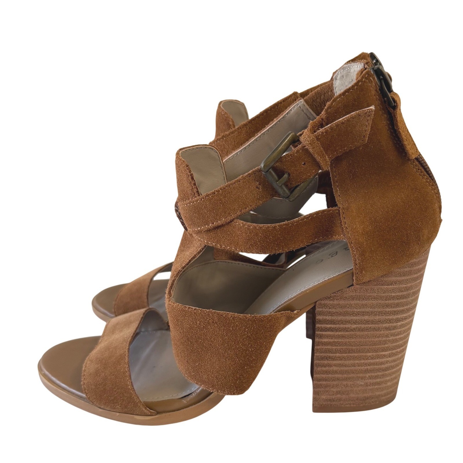 Hinge Womens Cognac Brown Suede Strappy Block Heel Sandals Back Zip Size 8.5M
