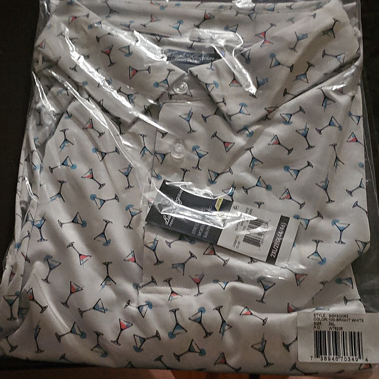 Men’s 2XL Martini Glass Print Woven Cotton Short Sleeve Button-Up Shirt
