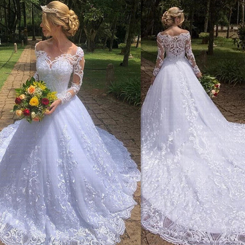 Off Shoulder Wedding Dresses Long Sleeve Vintage Bridal Gown Cathedral Train