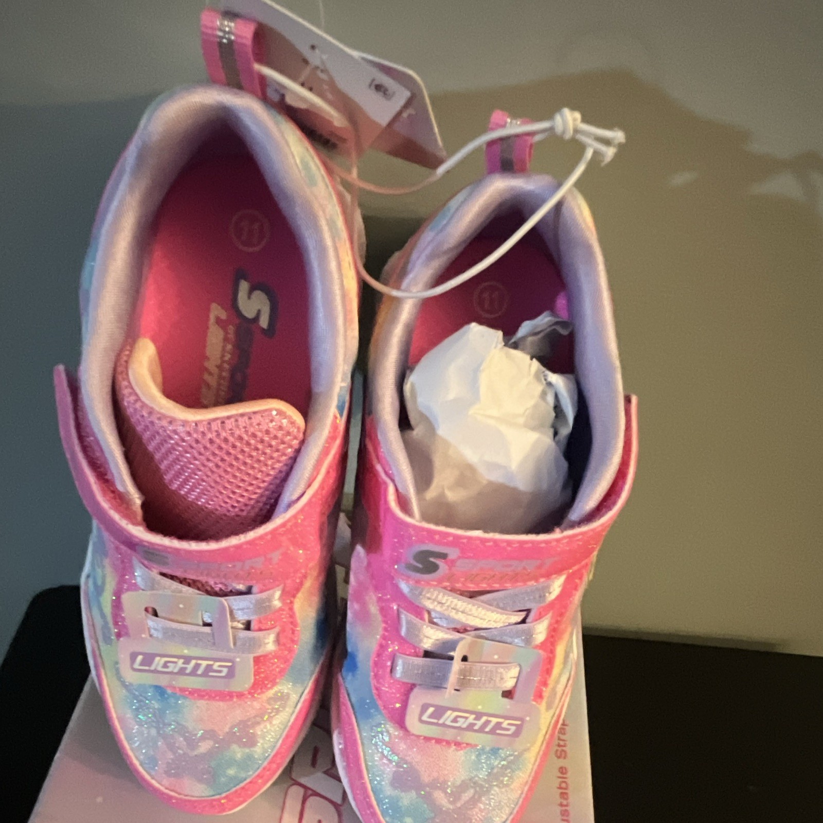 S Sport by Skechers Lights LED Light-Up Hook & Loop Pink/Blue Glitter Sz 12