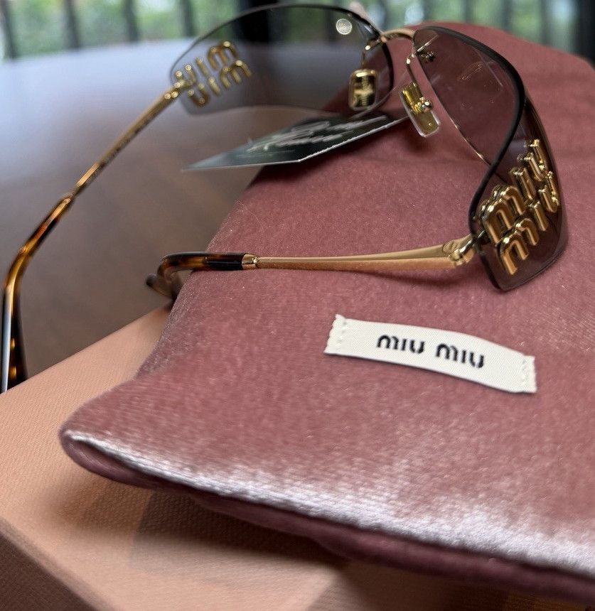 Miu Miu MU A51S Rimless Shield Sunglasses Gold Frame Light Grey Gradient Lens