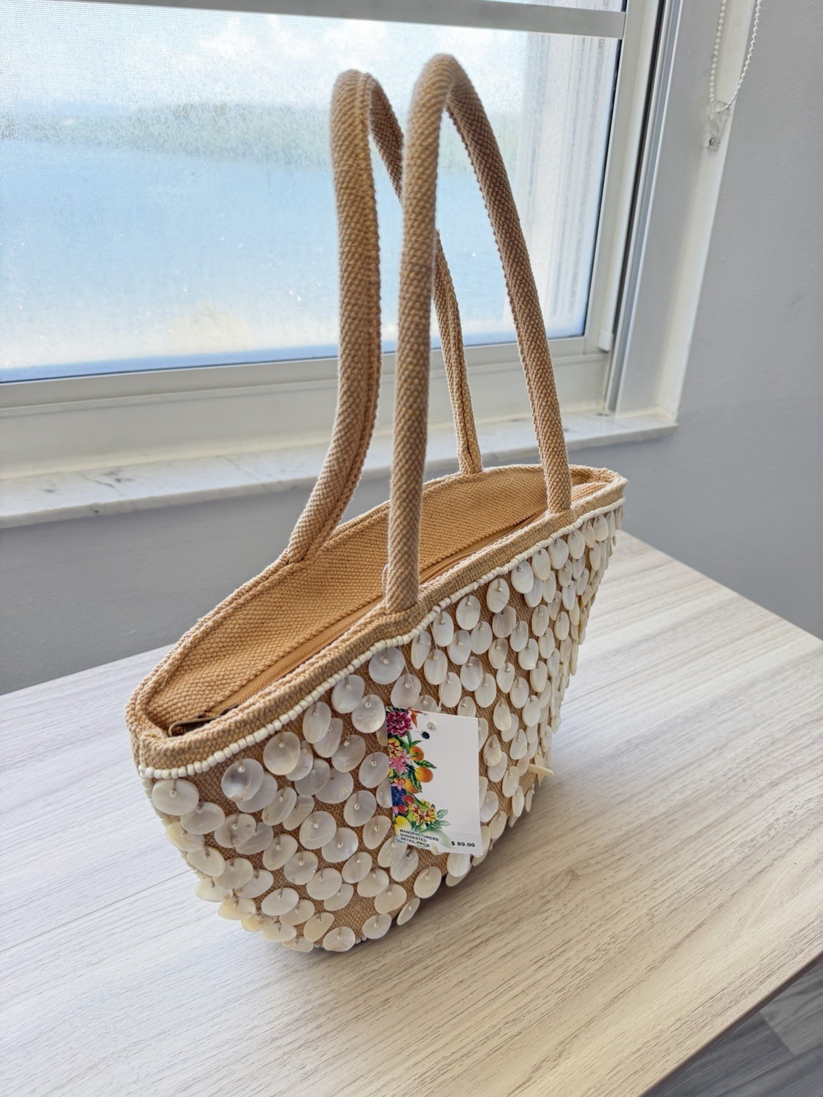 Women’s Tan Woven Tote Bag w/ Shell Disc & Beaded Accents, Double Handles