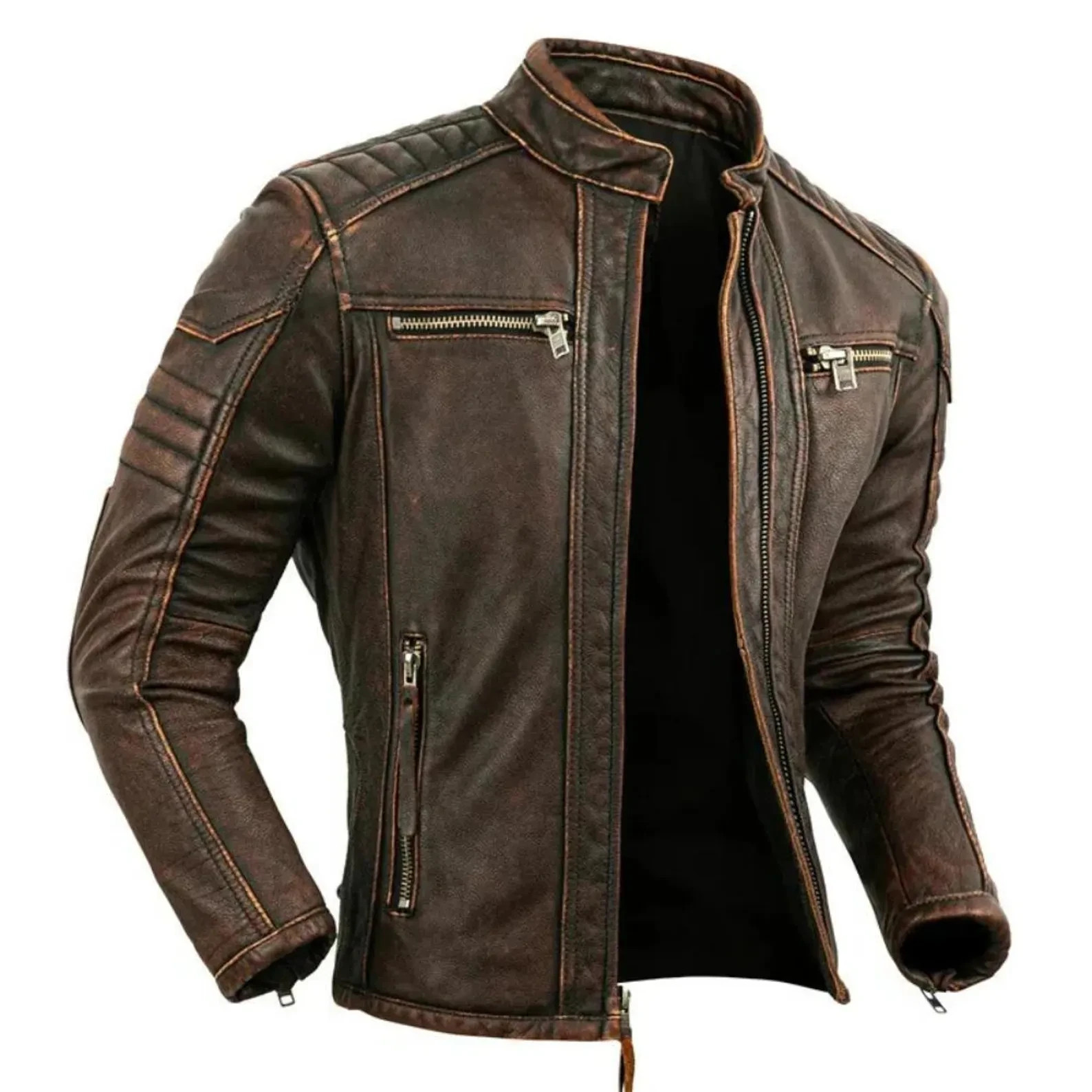 Men’s Distressed Brown & Black Leather Biker Jacket | Motorcycle Jacket for Men