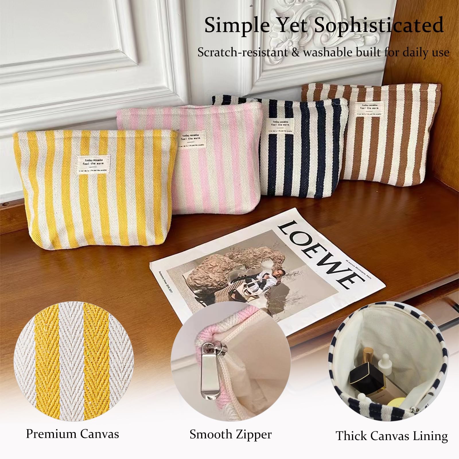 RSRSLEII Striped Canvas Makeup 9.8inches x6.3 inches x 2 inches, 03Yellow