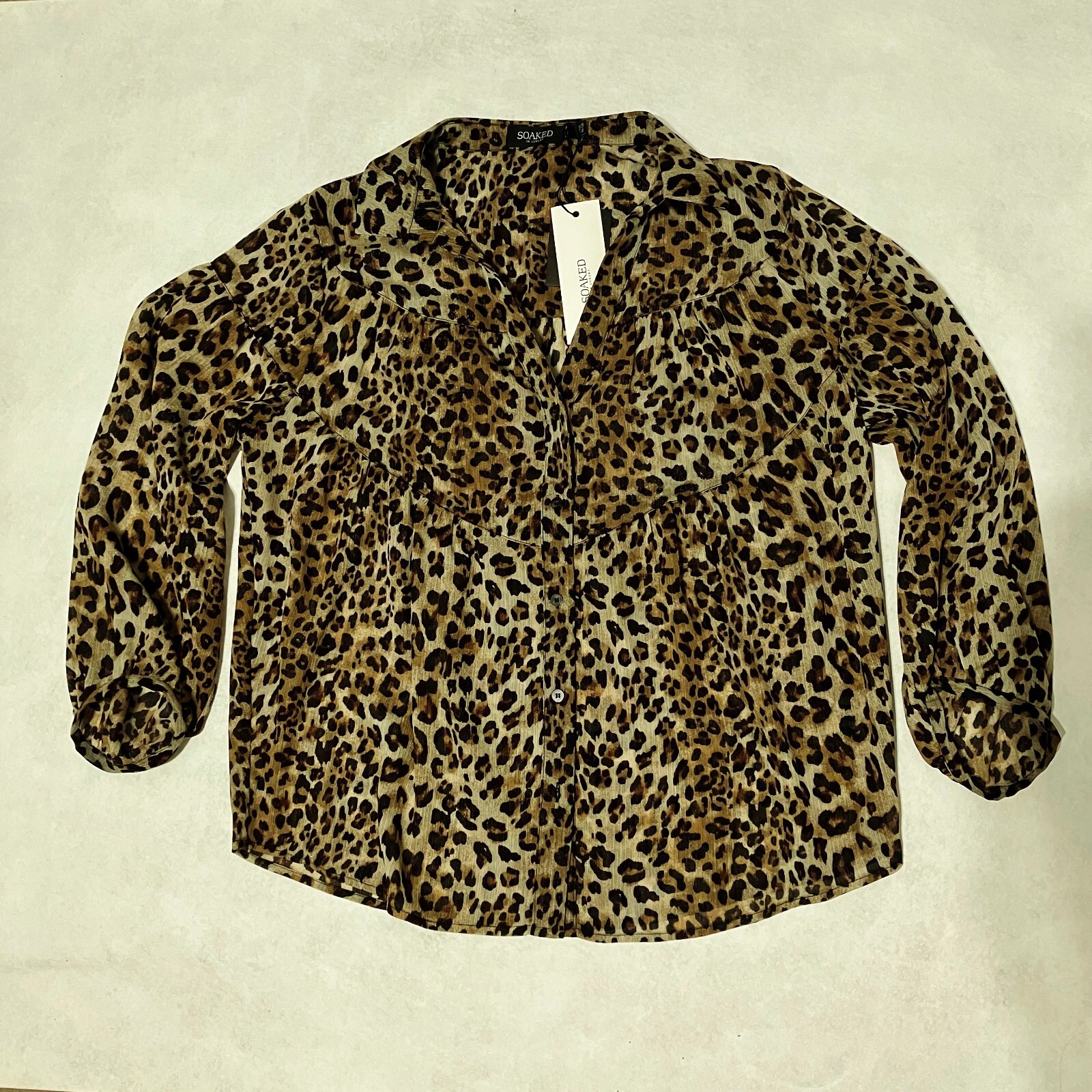 Soaked In Luxury Blouse Leopard Top Long Sleeve Button Down Animal Print Med New