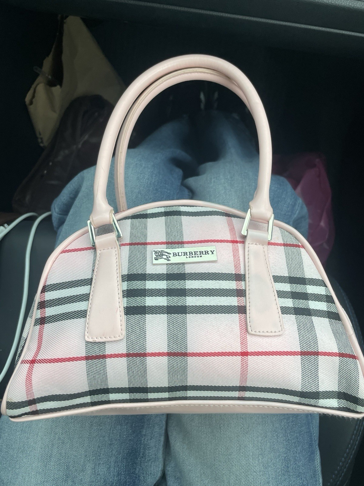 Burberry Plaid Check Top Handle Zip Handbag Purse Pink Beige Black Red