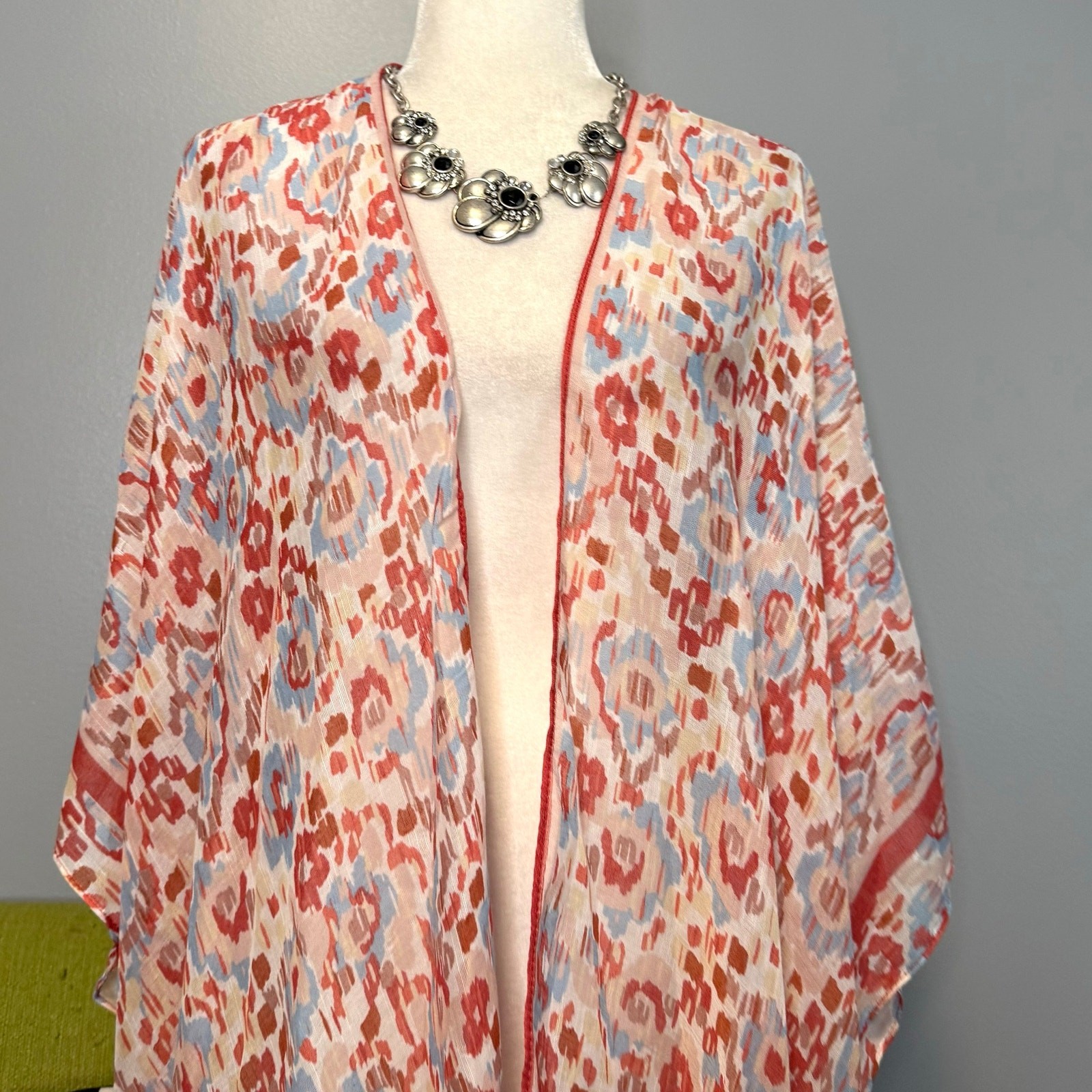 Sonoma Coral Blue Tan Lightweight Open Front Kimono NEW