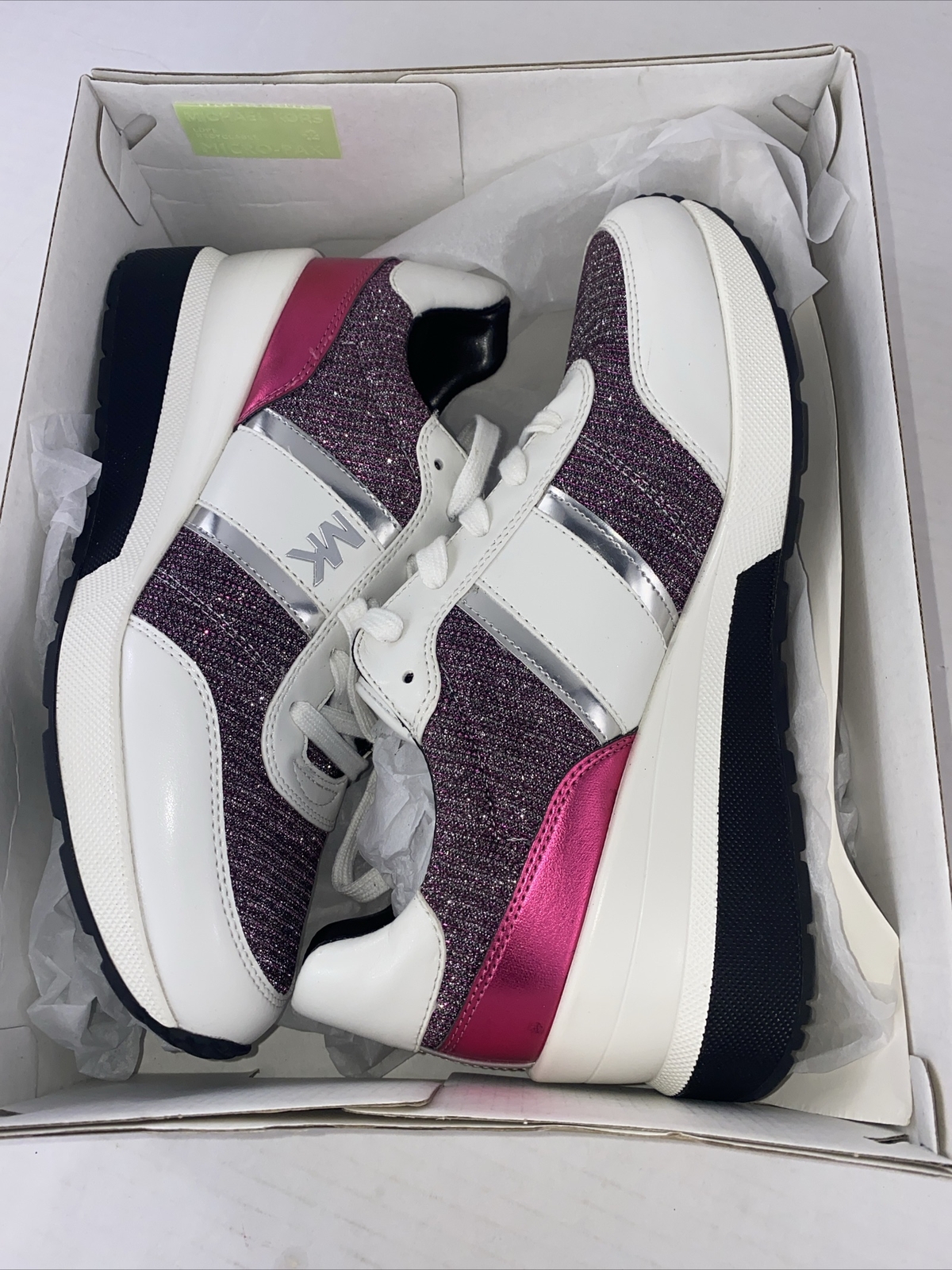 Michael Kors Mabel Trainers Sneakers Merlot Size 9 White Pink Glitter B3F