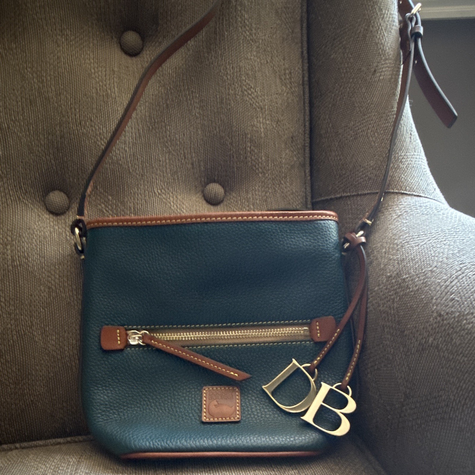 Dooney & Bourke Pebble Grain Blue/Brown Crossbody Zip, Adjustable Strap, Pockets