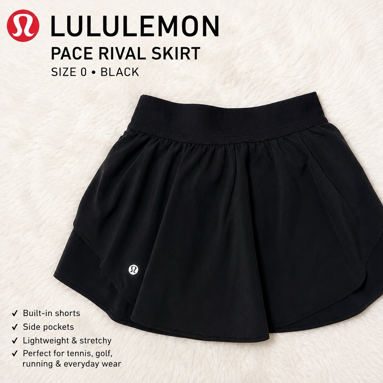 Lululemon Pace Rival Skort Size 0 Black Built-In Shorts Pockets Pull-On