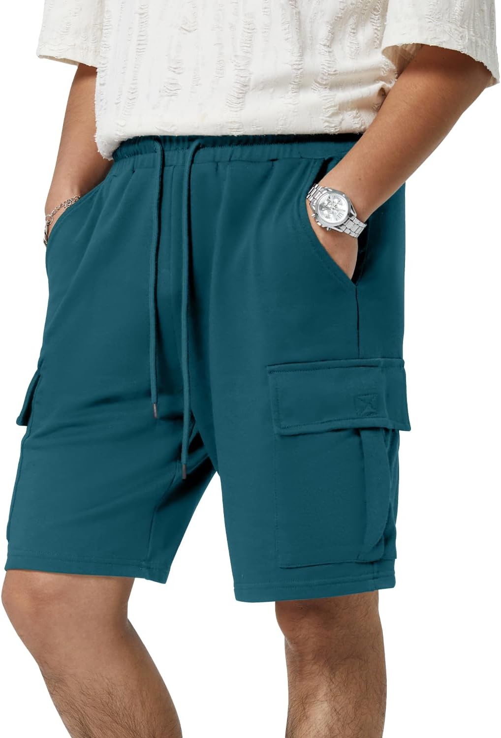 Mens 5 Pocket Athletic Cotton Shorts Drawstring Elastic Waist Workout Gym Cargo