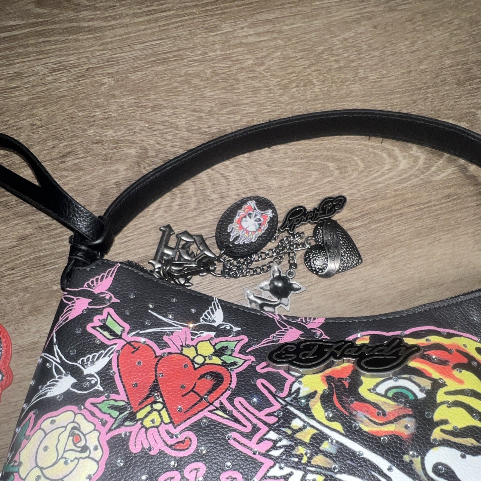 Ed Hardy Small Black Shoulder Bag Tiger Graphic Skull Tattoo Zip Closure Charm