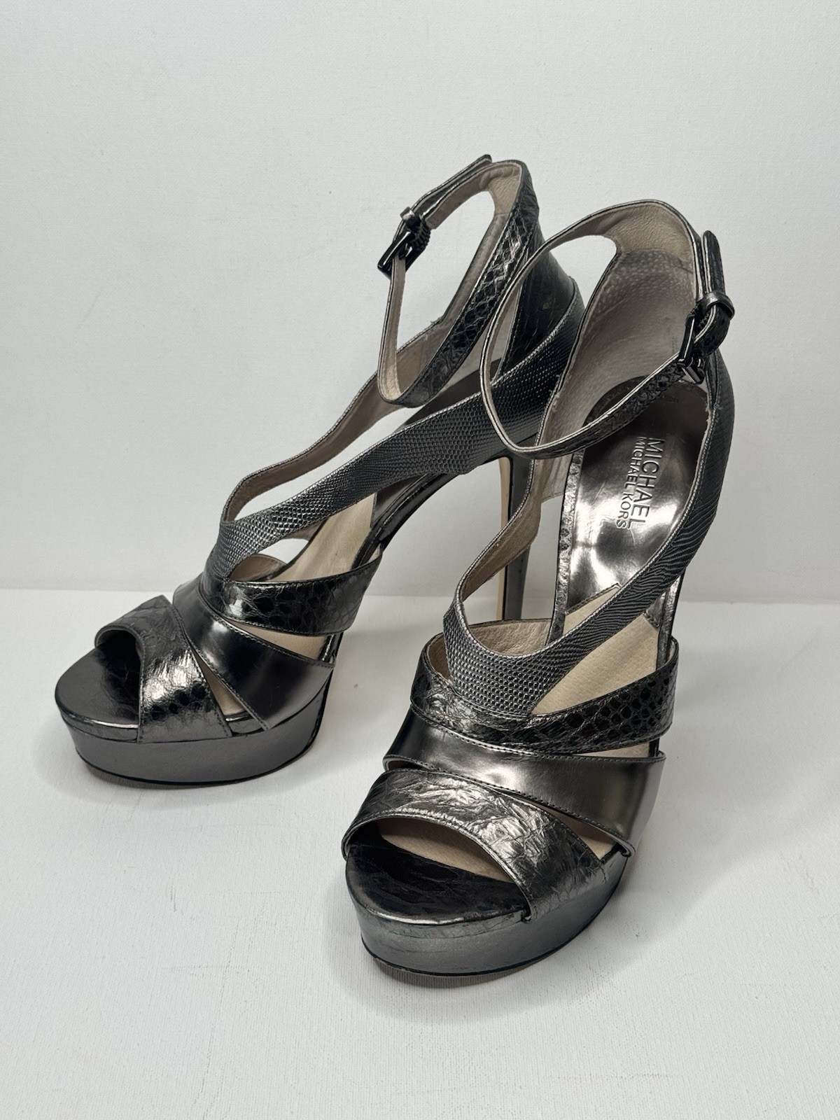 MICHAEL Michael Kors Leighton Sandal Strappy Heels Pewter Grey 11