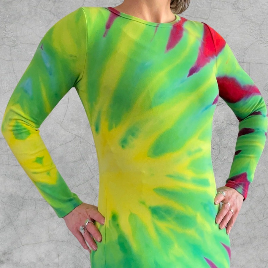 Ice Dyed Long-sleeve Dress – Tie Dye Hippie Boho Drippy Rainbow (Women’s Medium)