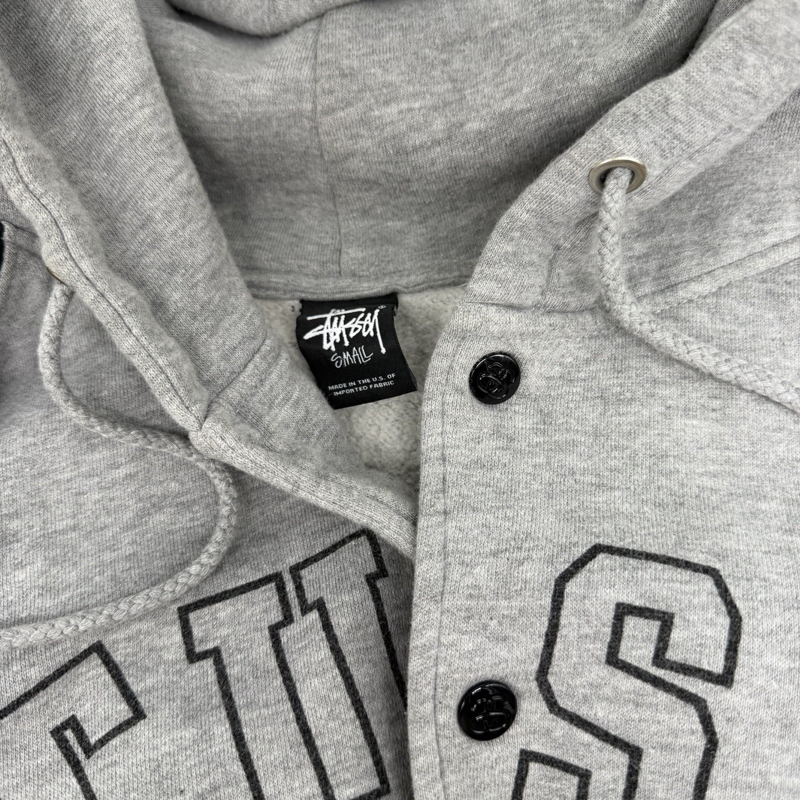 Stussy Men’s Varsity Button Up Hoodie Print Sweatshirt S