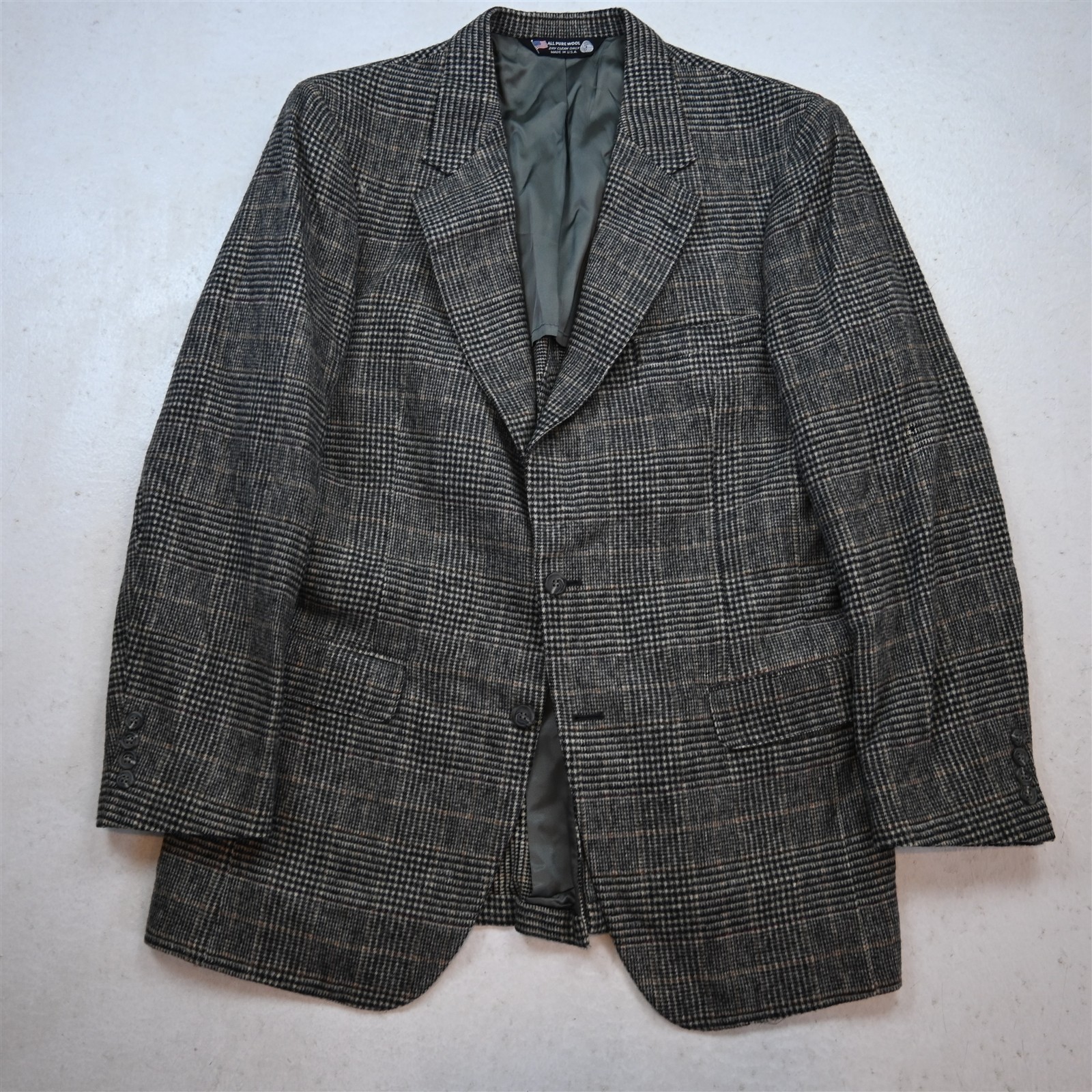 Vtg USA 42R Gray Glenn Check 100% Wool Thick Flannel Blazer Jacket Sport Coat